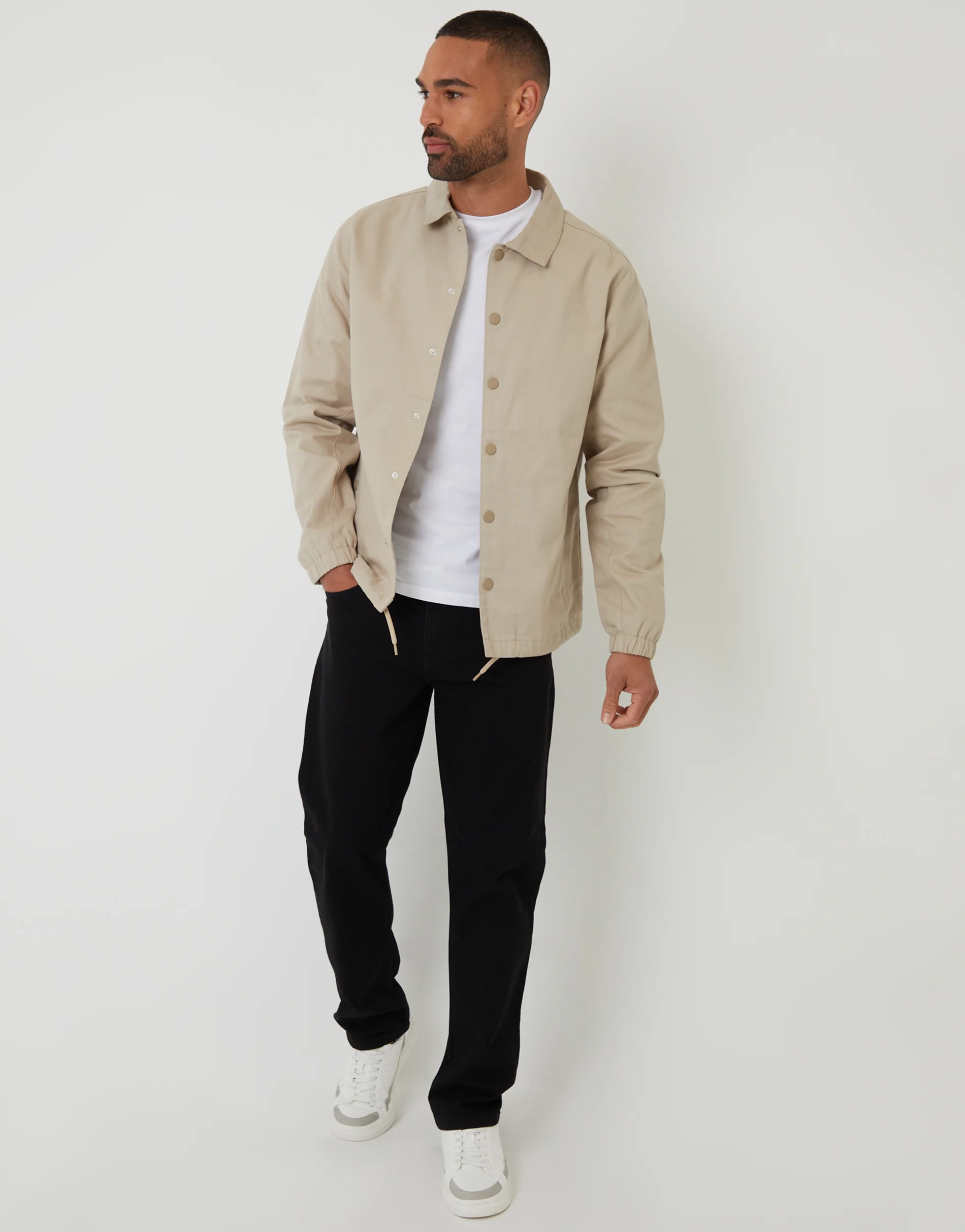 Cotton Twill Lightweight Collared Jacket in Stone - Image 3