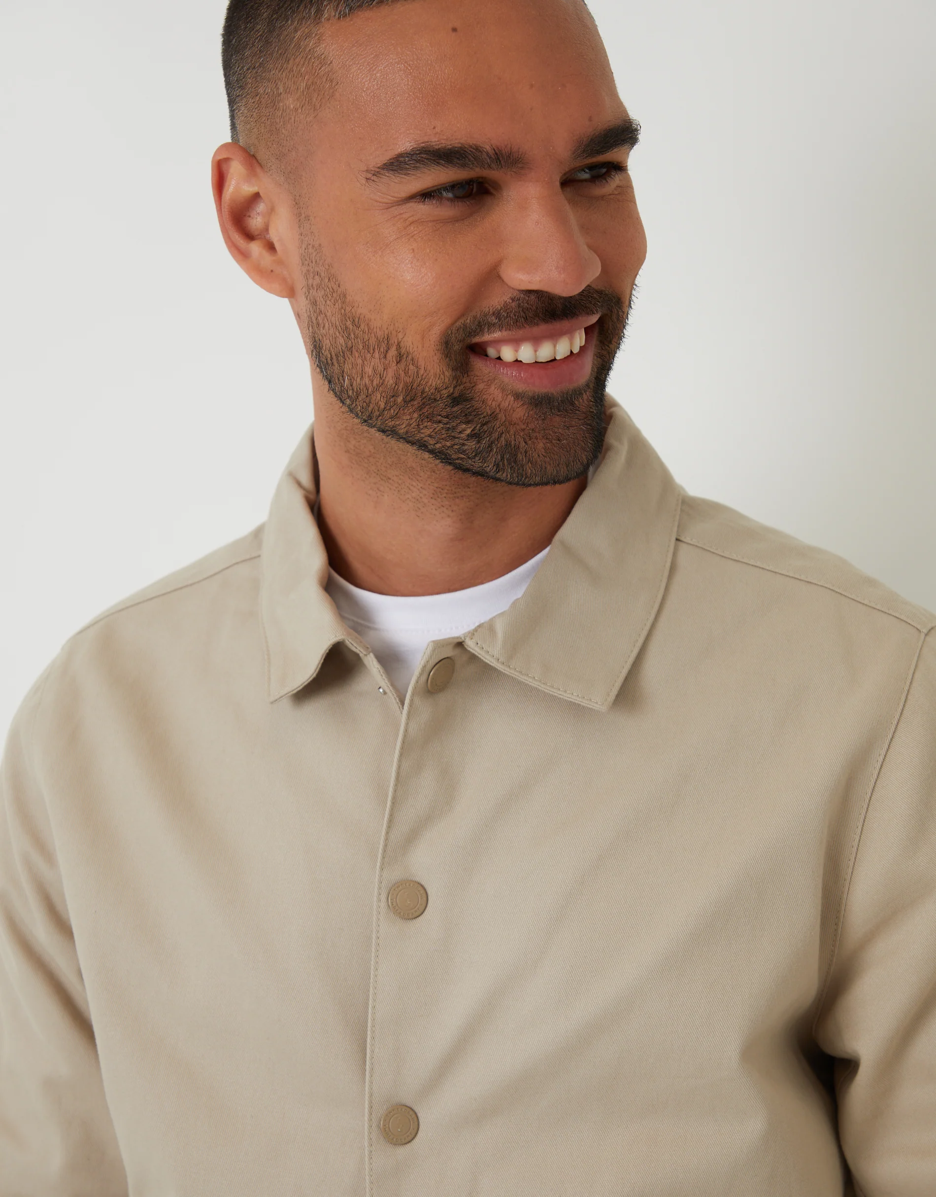 Cotton Twill Lightweight Collared Jacket in Stone - Image 4