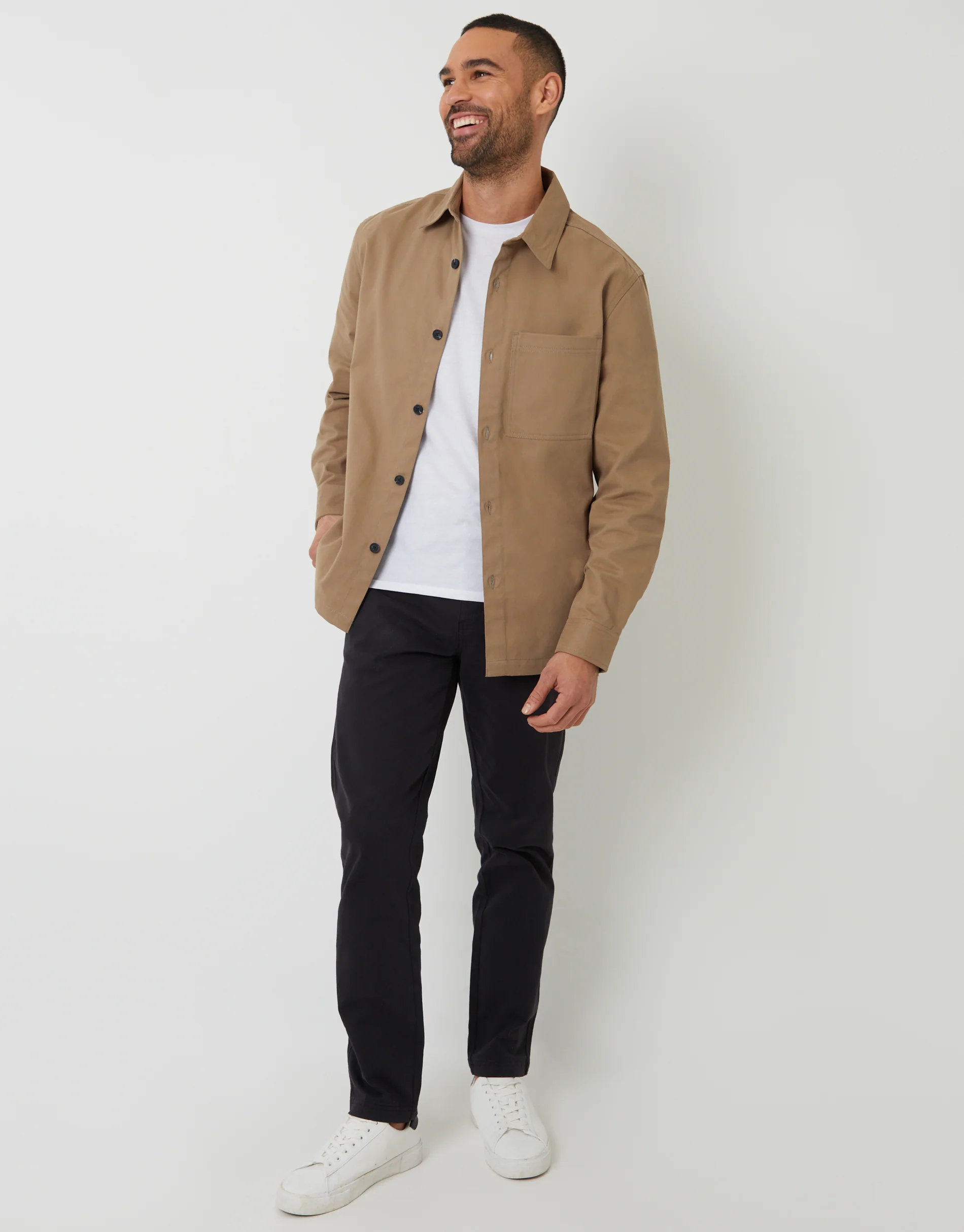 Relaxed Fit Cotton Twill Shacket in Stone - Image 3