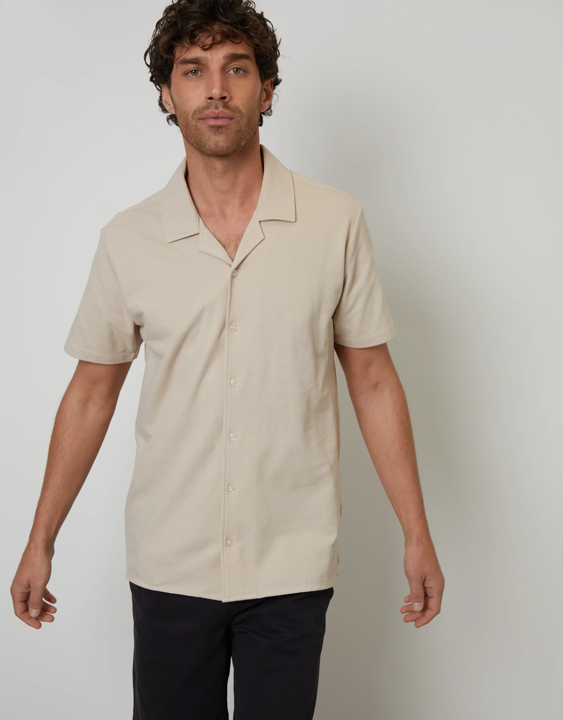 Jersey Revere Collar Short Sleeve Shirt in Stone