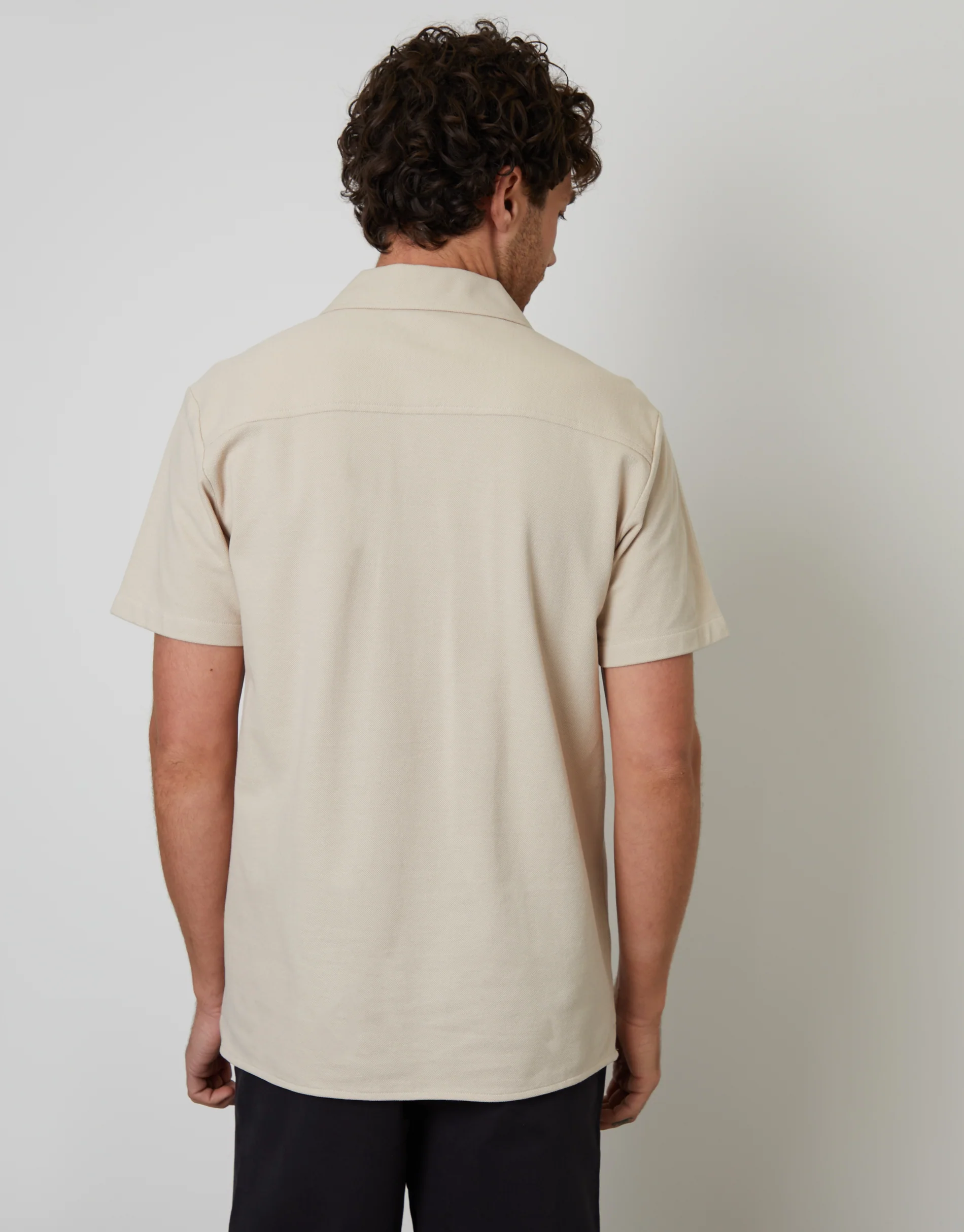 Jersey Revere Collar Short Sleeve Shirt in Stone - Image 2