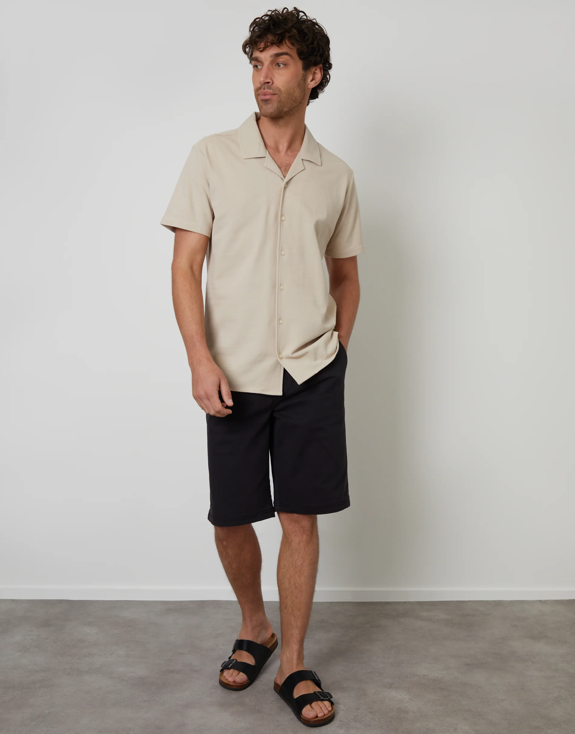 Jersey Revere Collar Short Sleeve Shirt in Stone - Image 3