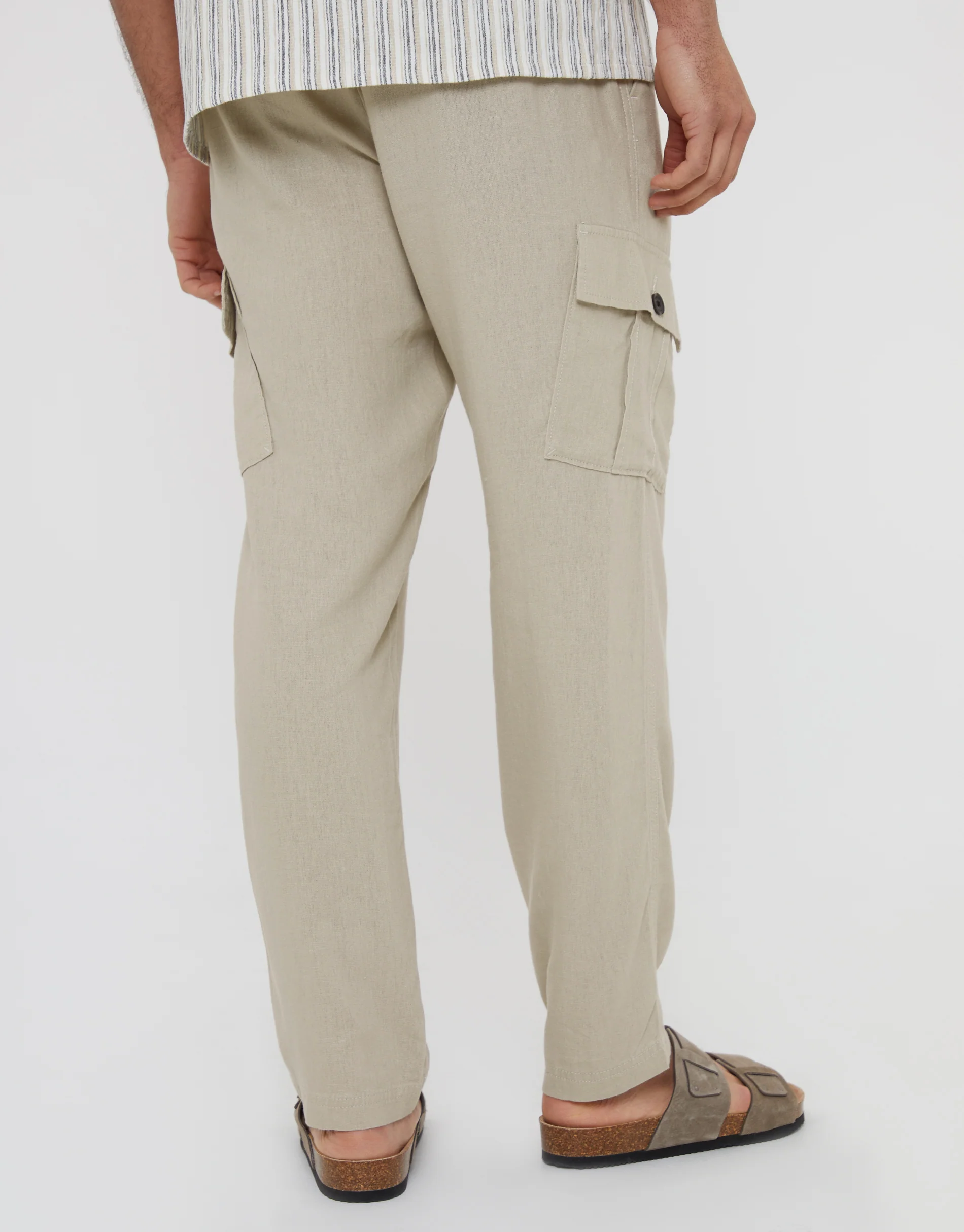 Linen Blend Cargo Trousers in Stone - Image 3