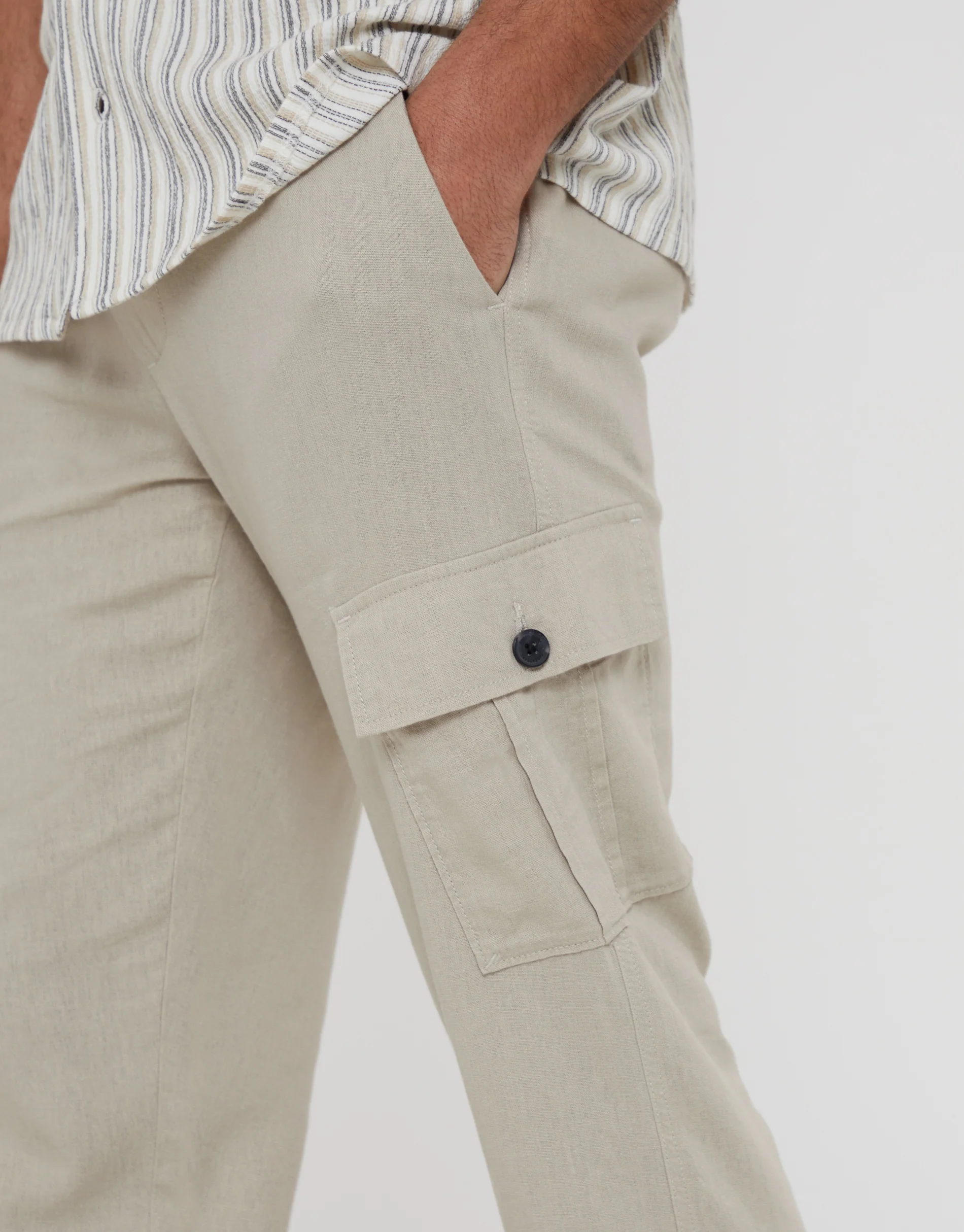 Linen Blend Cargo Trousers in Stone - Image 4
