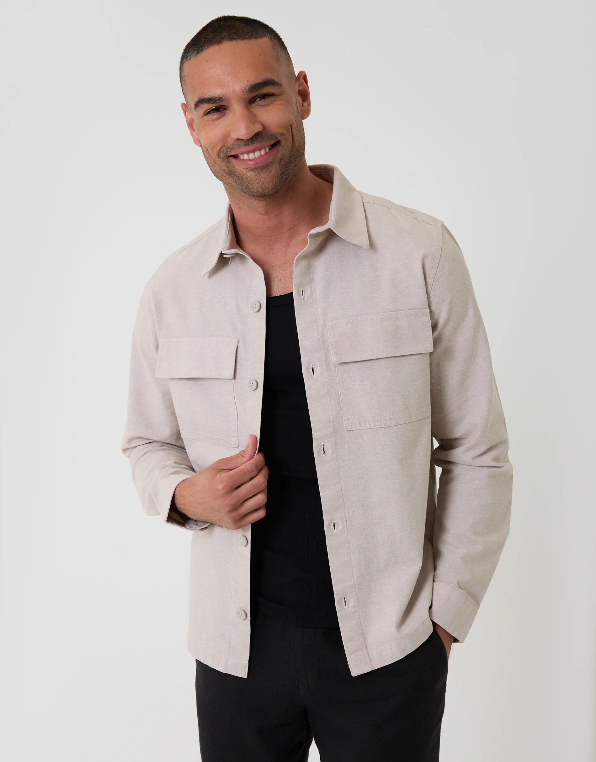 Linen Blend Lightweight Shacket in Stone