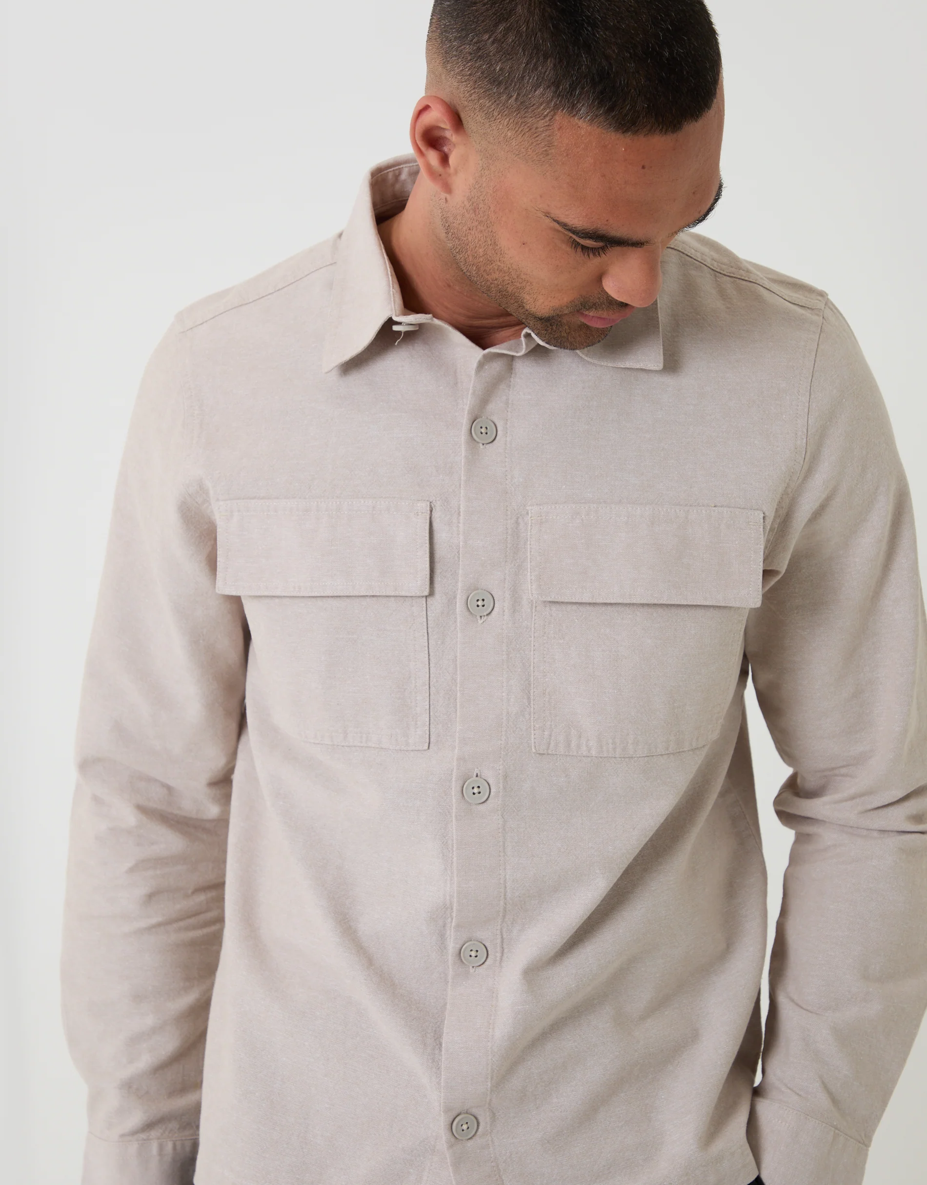 Linen Blend Lightweight Shacket in Stone - Image 4