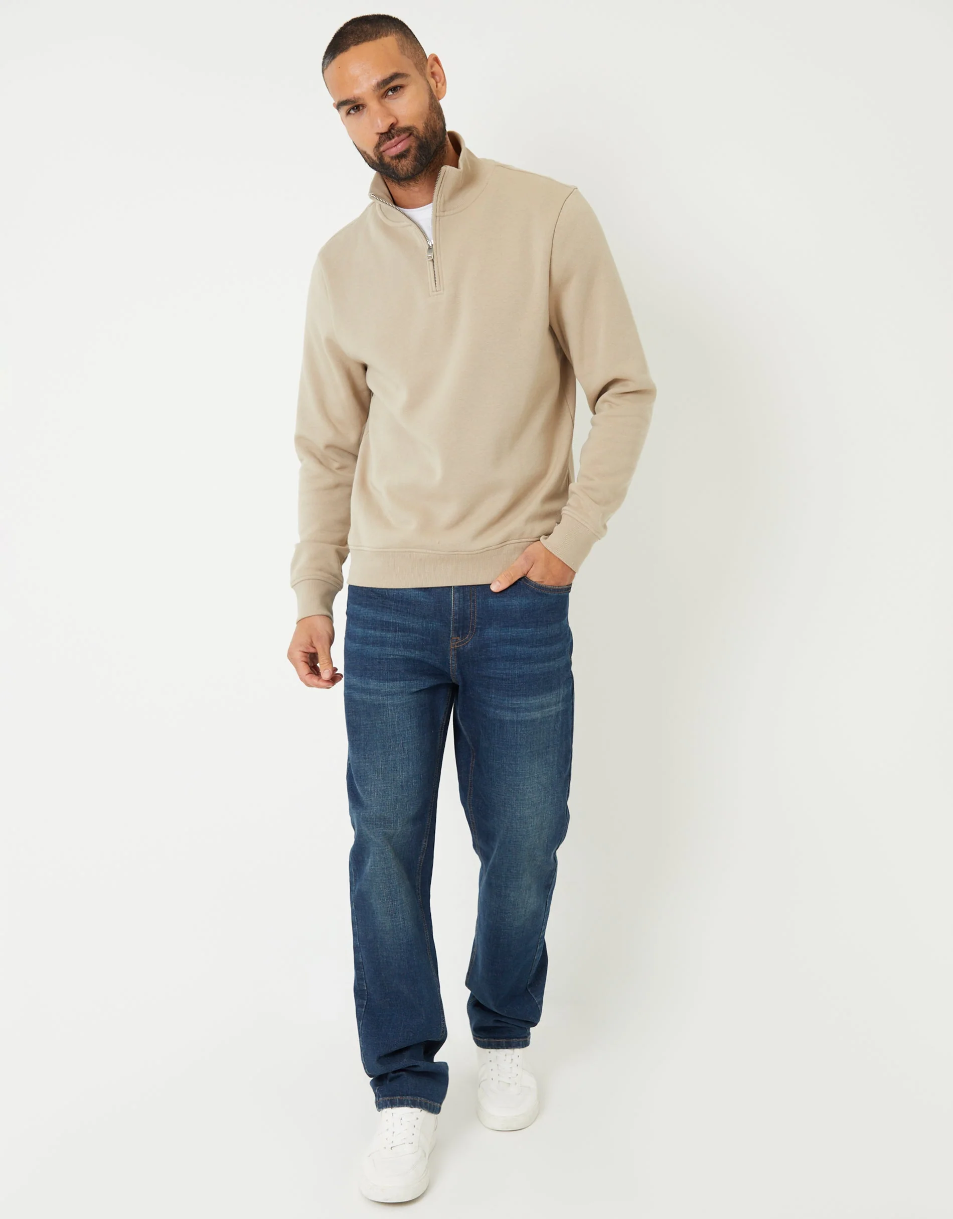 Mock T-Shirt Quarter Zip Sweatshirt in Stone - Image 3