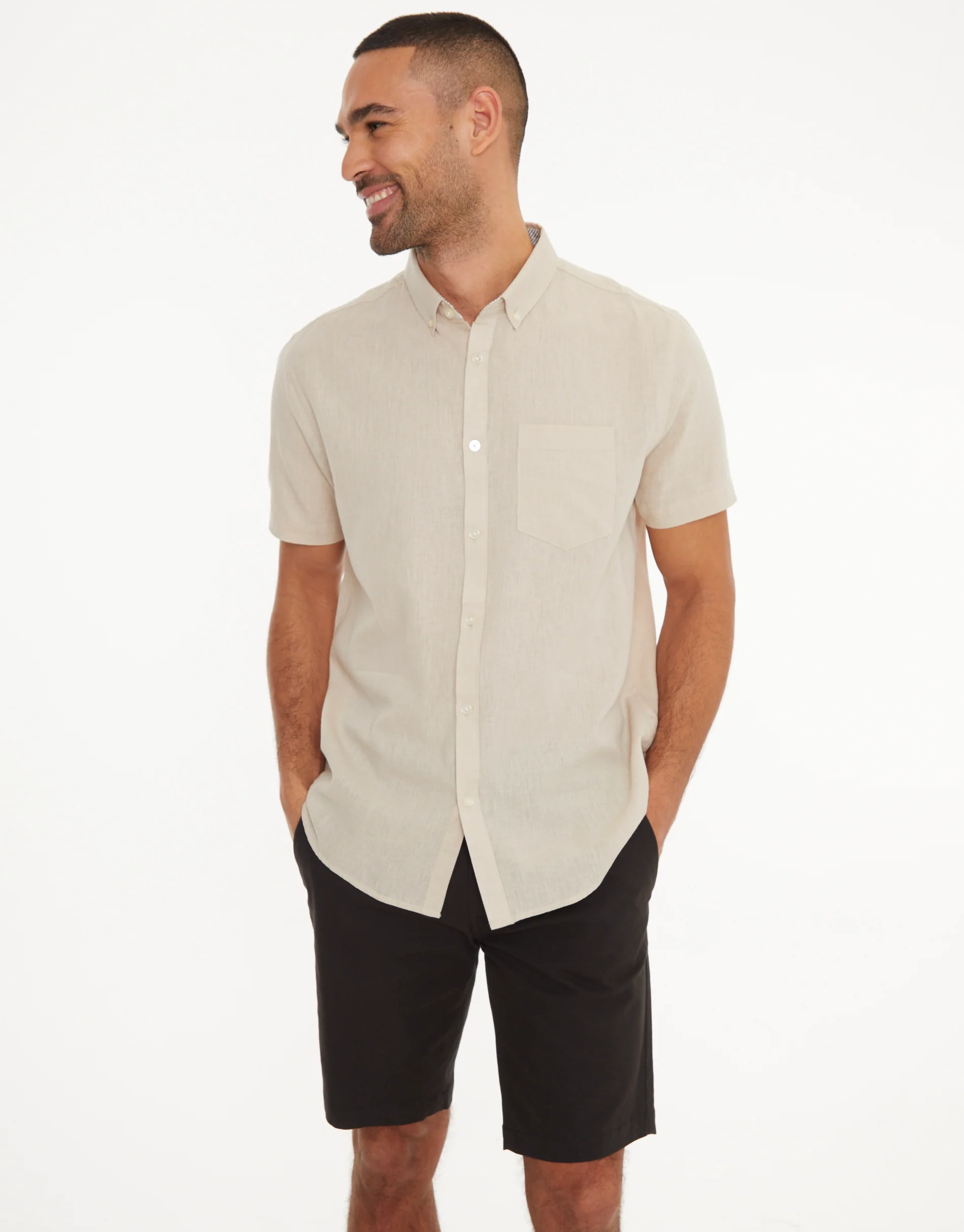 Short Sleeve Linen Blend Shirt in Stone