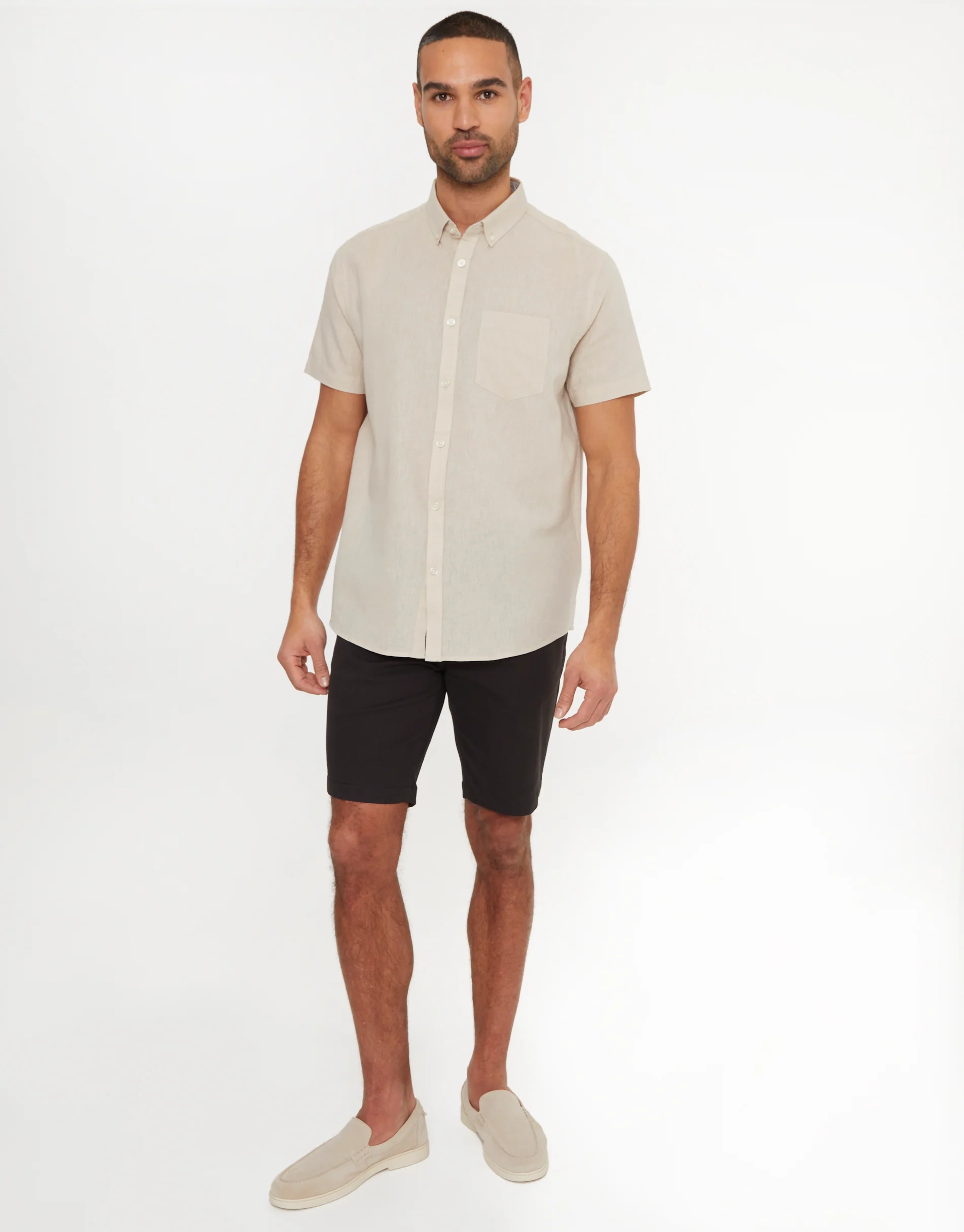Short Sleeve Linen Blend Shirt in Stone - Image 3