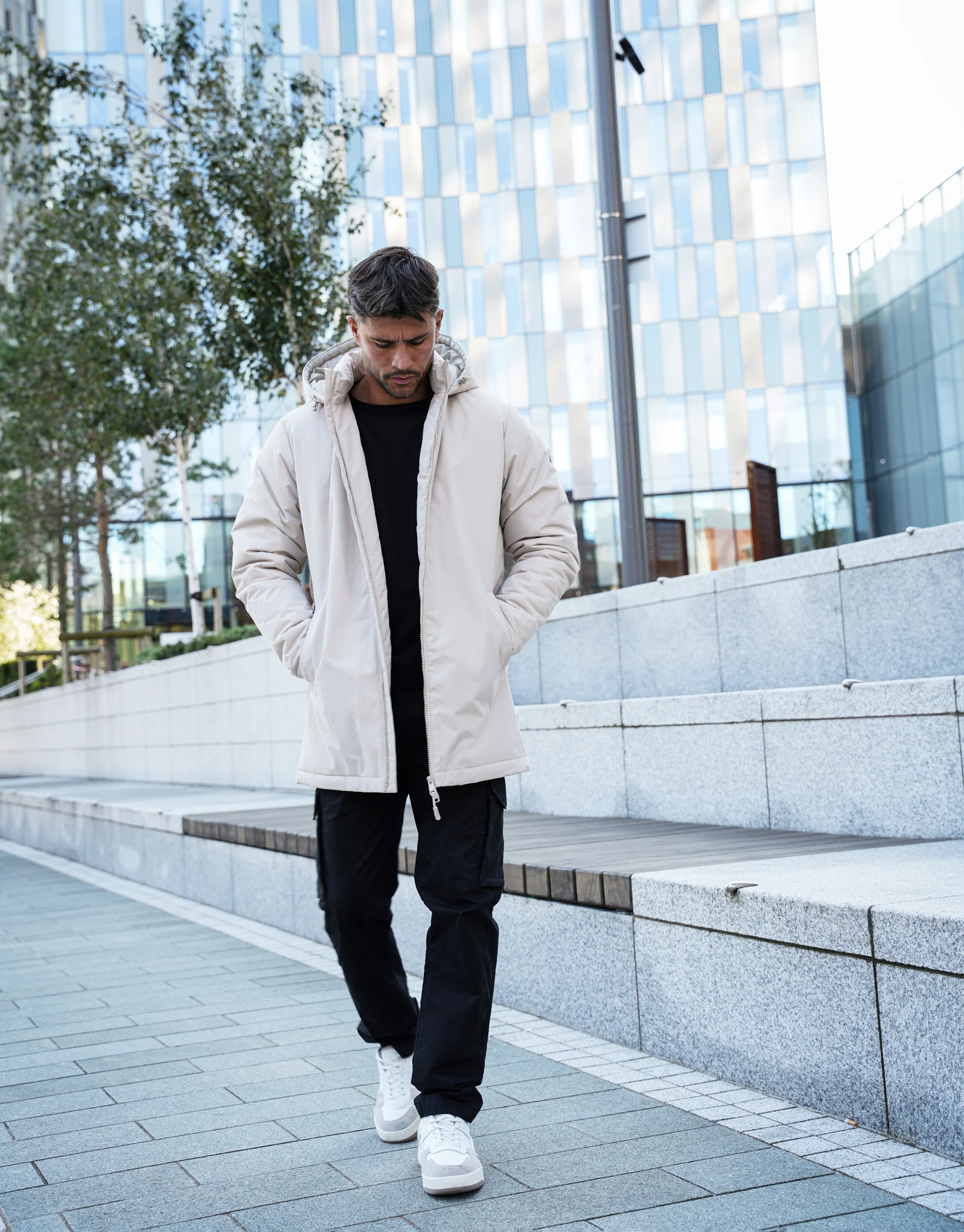 Showerproof Padded Hooded Mac in Stone - Image 3
