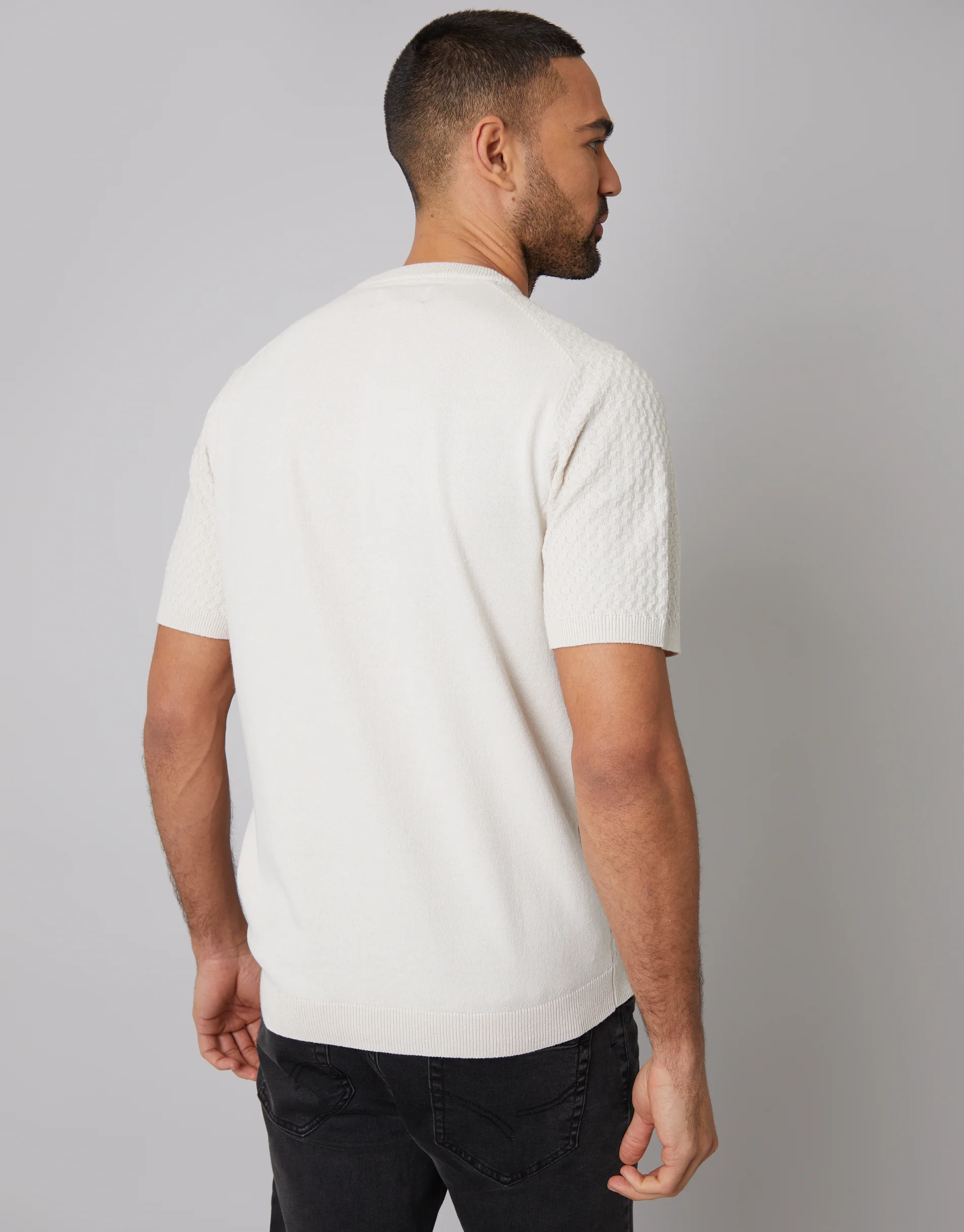 Textured Front Knitted T-Shirt in Stone - Image 2