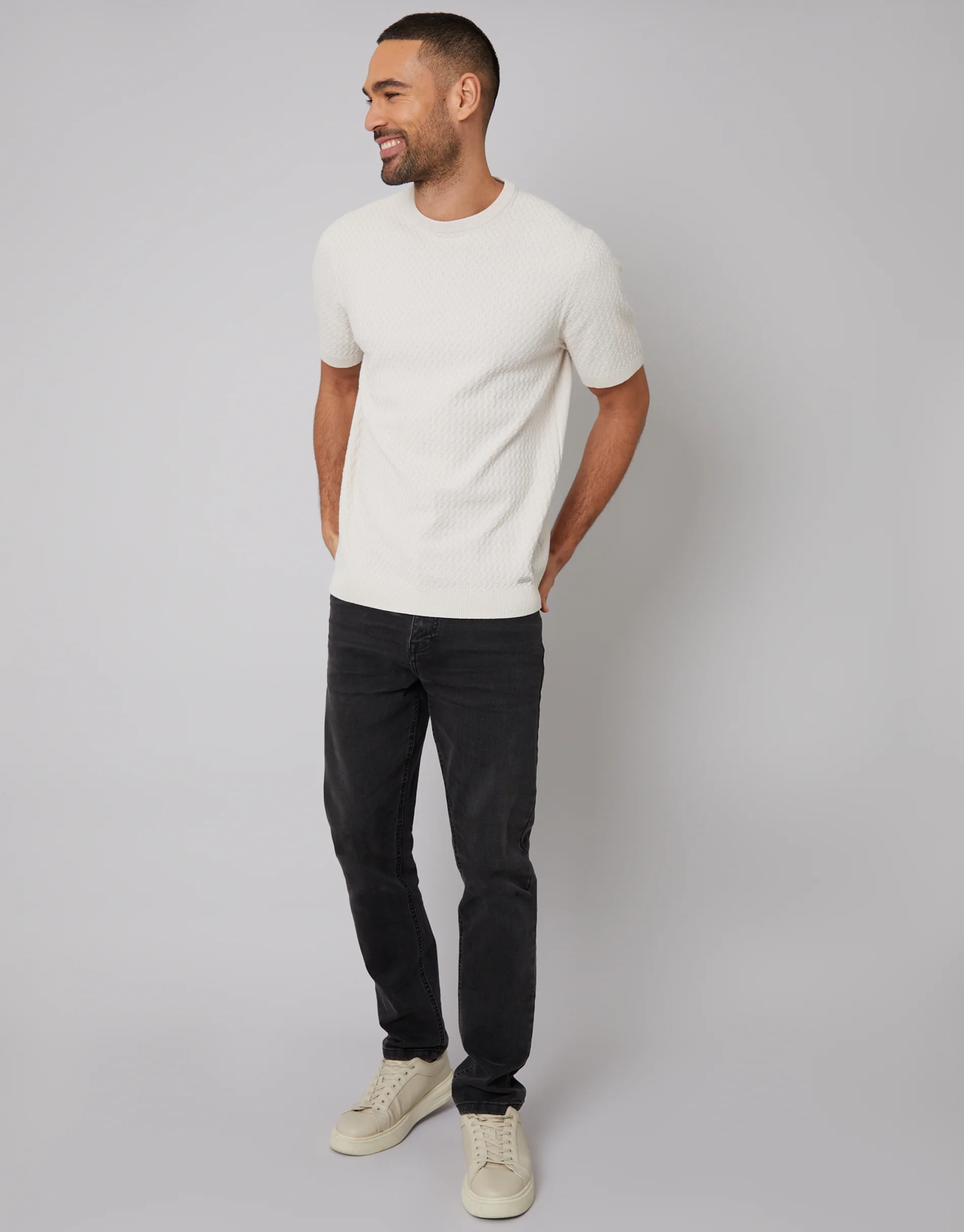 Textured Front Knitted T-Shirt in Stone - Image 3