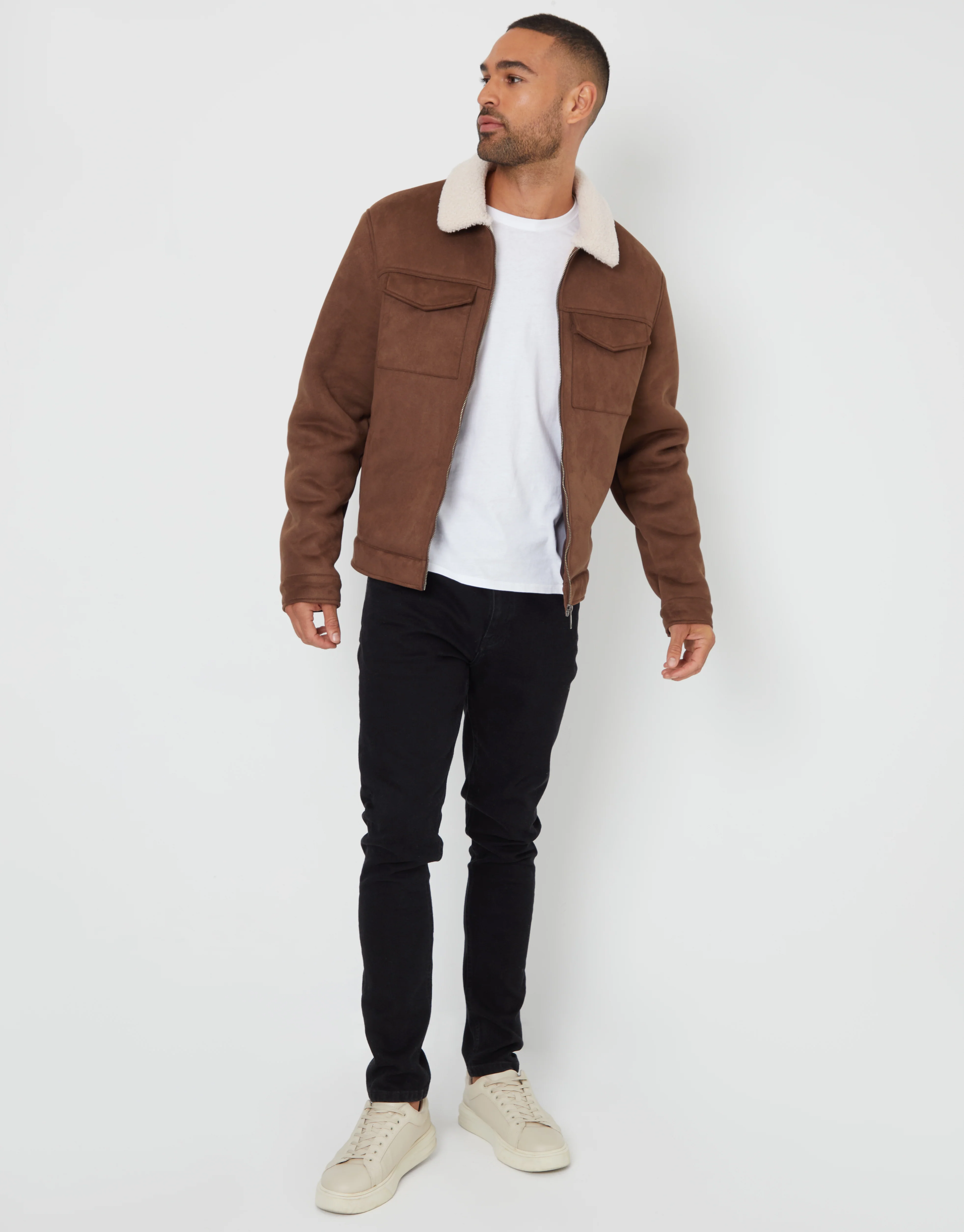 Faux Suede Borg Lined Aviator Jacket in Taupe - Image 3