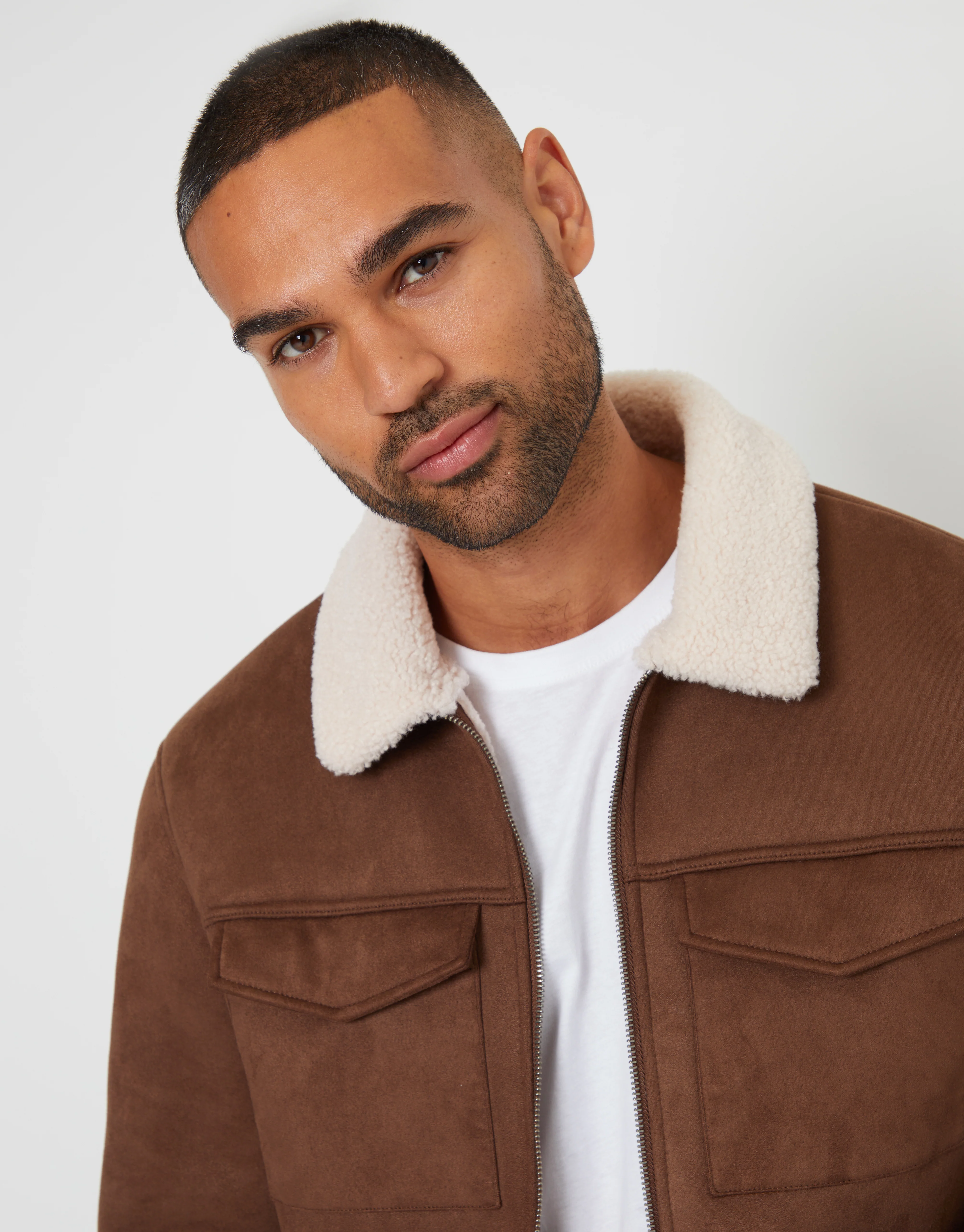Faux Suede Borg Lined Aviator Jacket in Taupe - Image 4