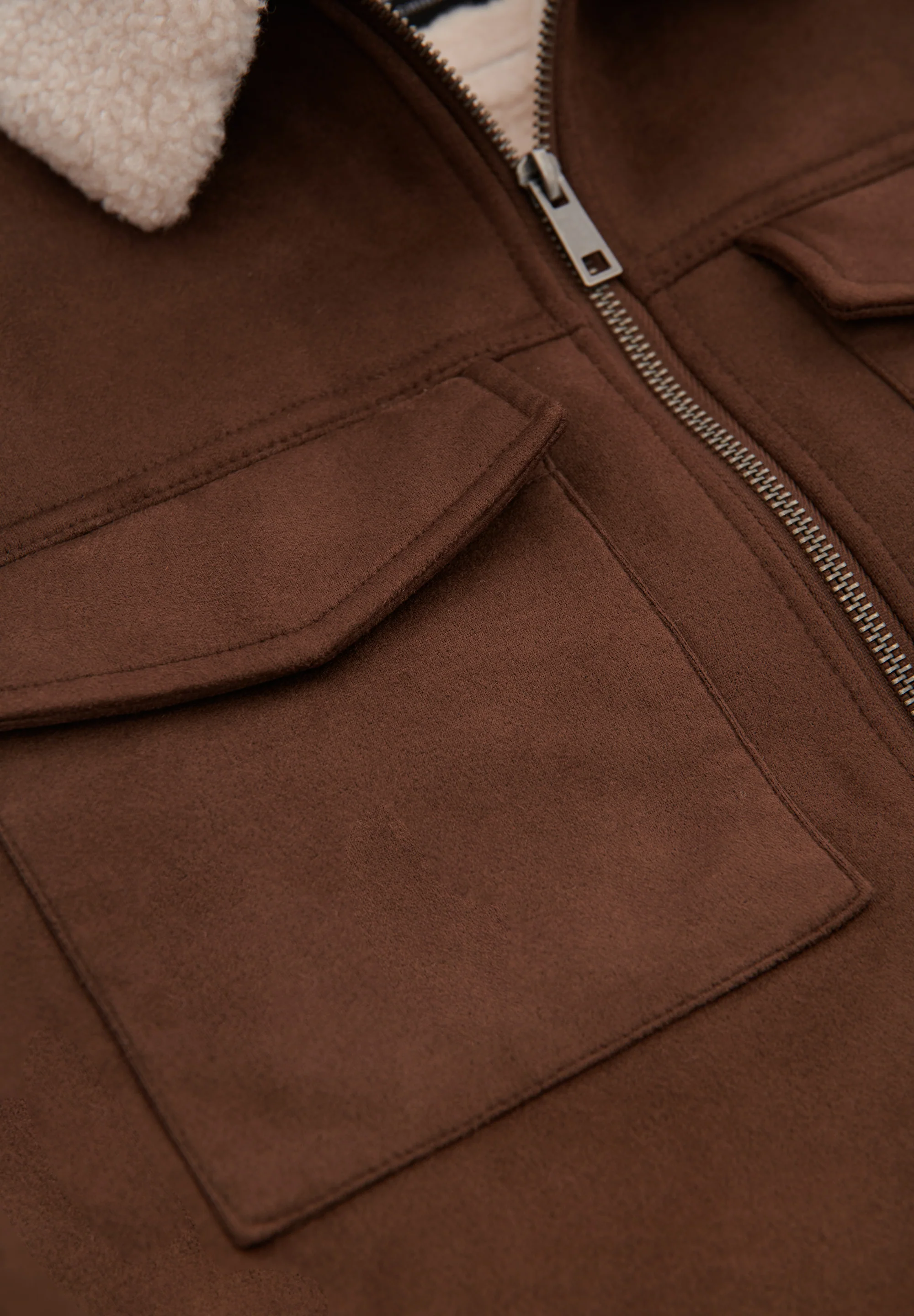 Faux Suede Borg Lined Aviator Jacket in Taupe - Image 6