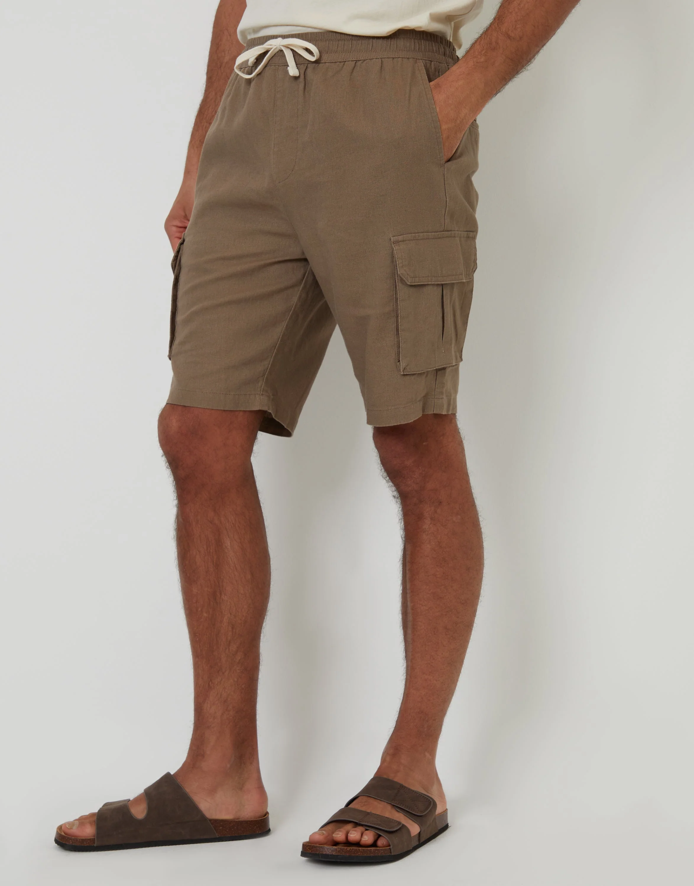 Linen Blend Cargo Shorts in Taupe - Image 2