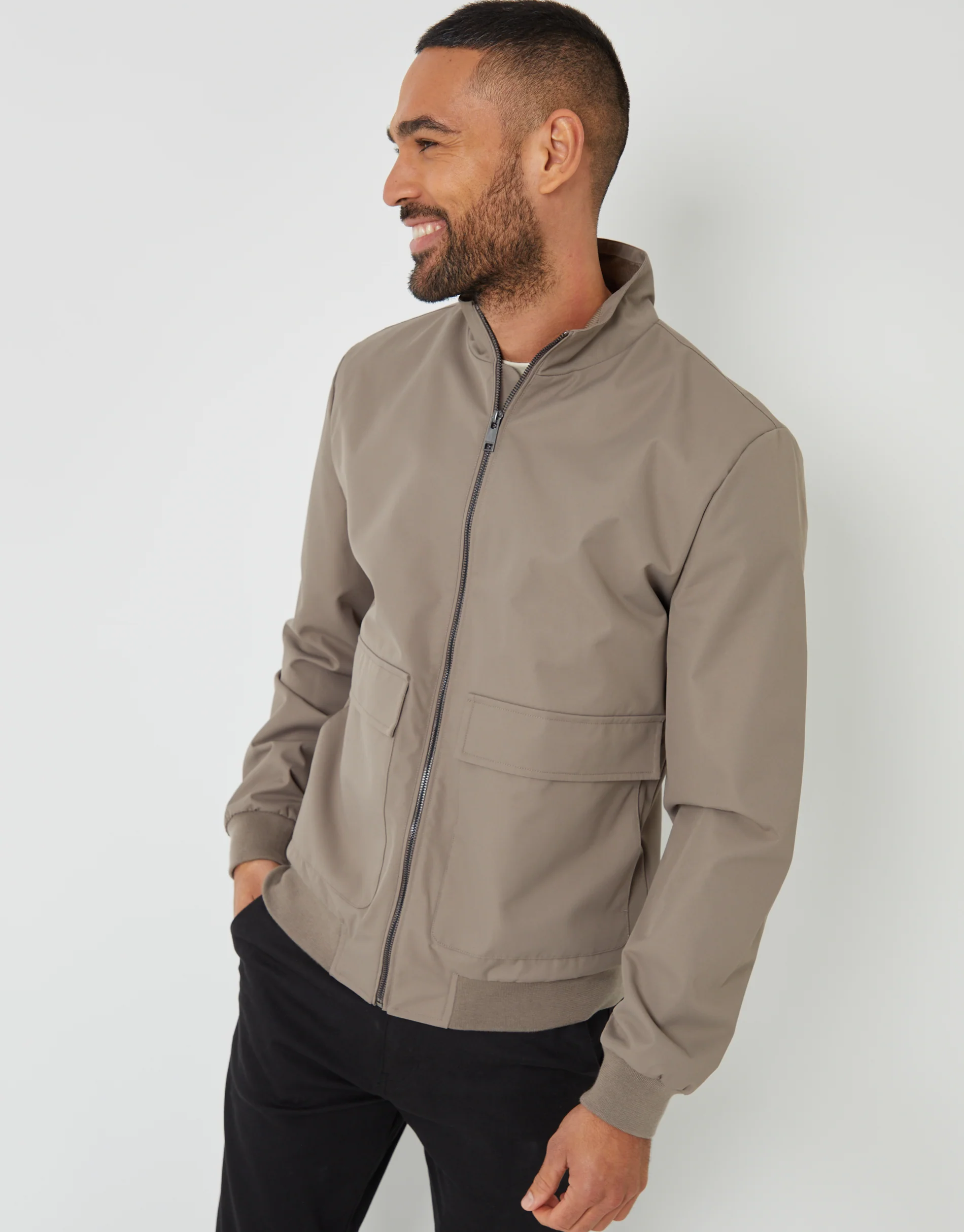 Patch Pocket Funnel Neck Harrington Style Jacket in Taupe - Image 5