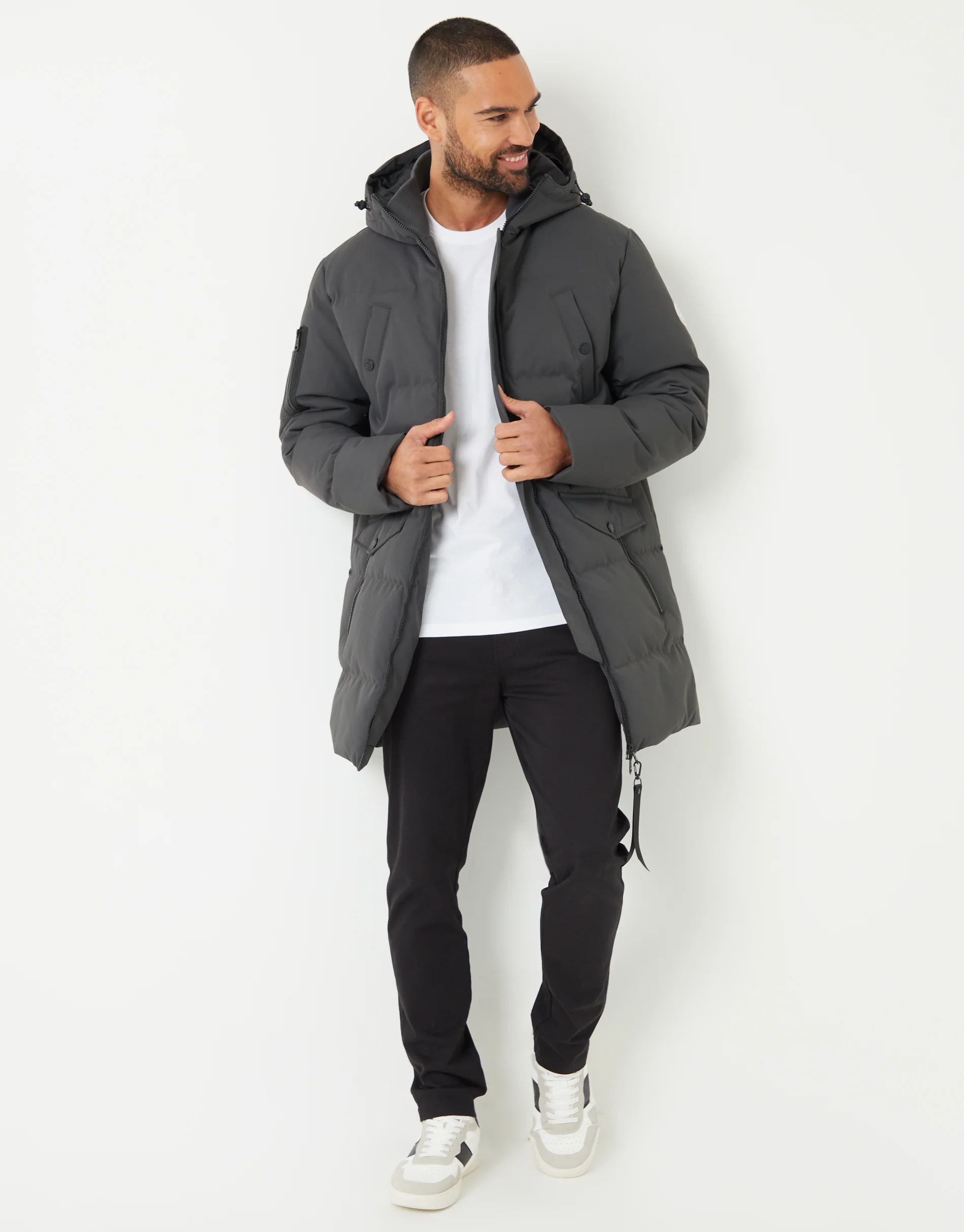 Longline Padded Jacket in Charcoal Grey - Image 3