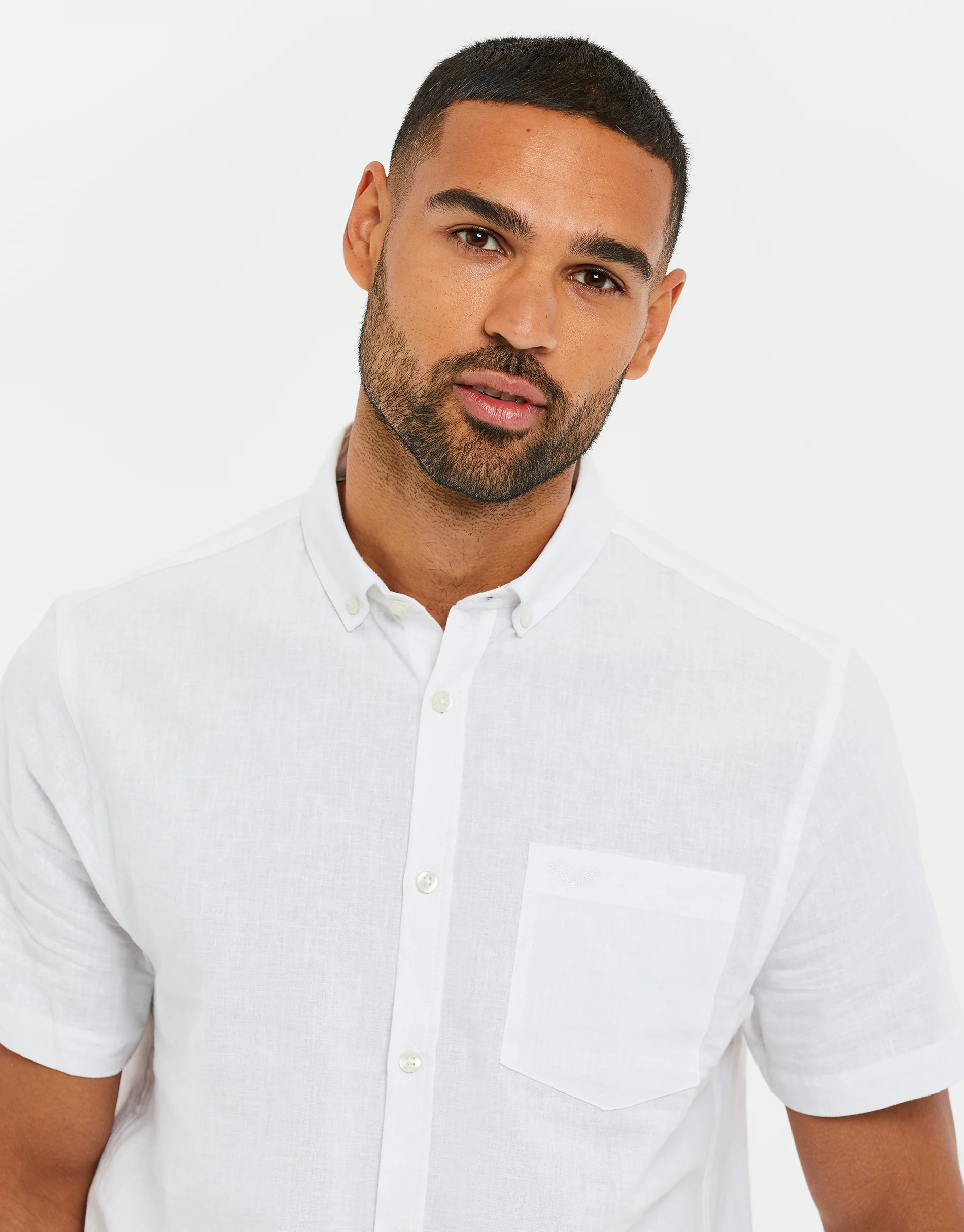 Short Sleeve Linen Blend Shirt in White - Image 4