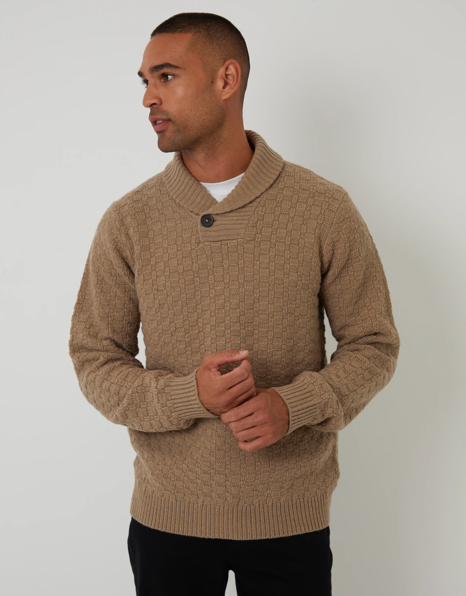 Basket Stitch Knitted Shawl Neck Jumper in Beige