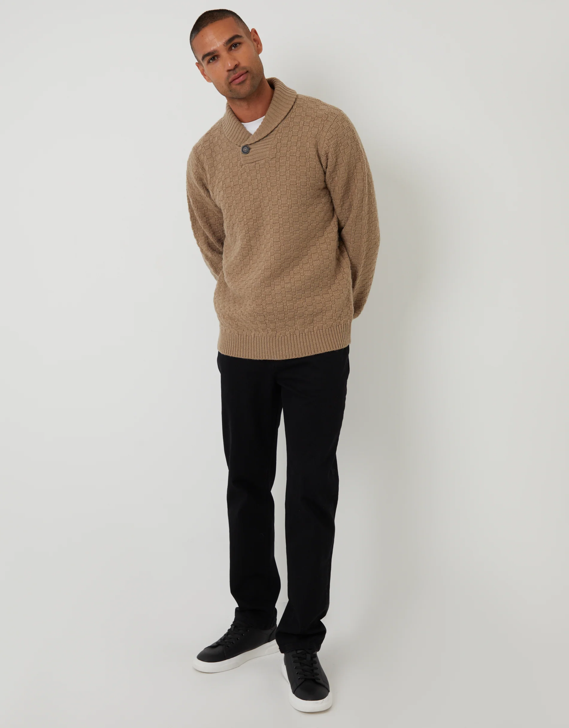 Basket Stitch Knitted Shawl Neck Jumper in Beige - Image 3