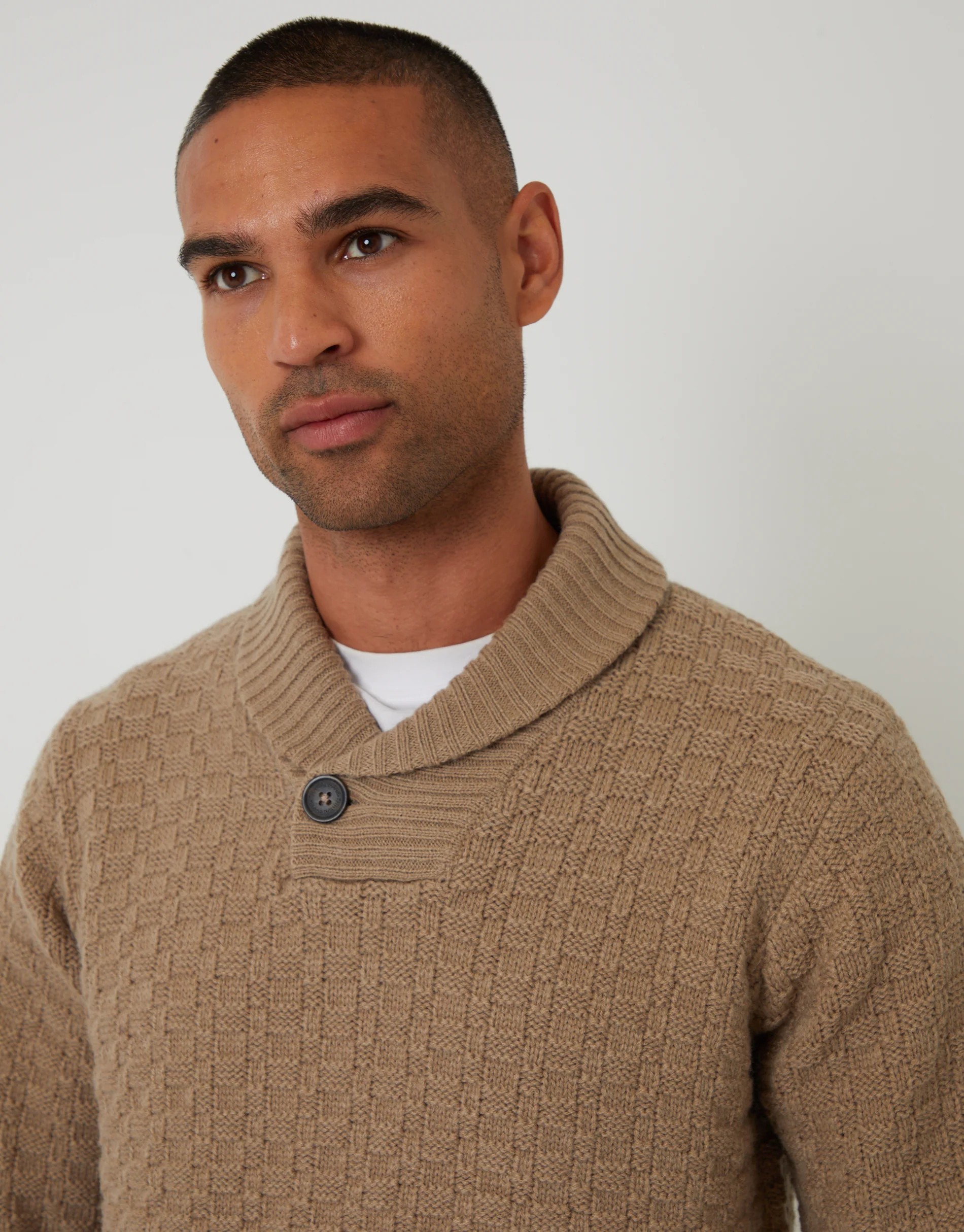 Basket Stitch Knitted Shawl Neck Jumper in Beige - Image 4