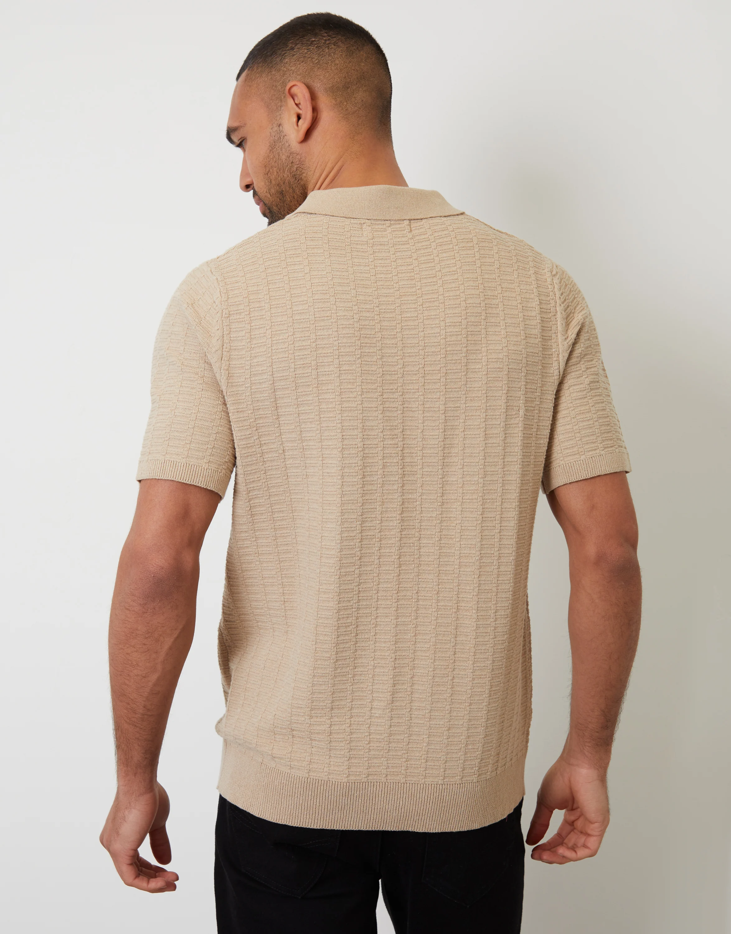 Button Collar Textured Knit Polo in Beige - Image 2