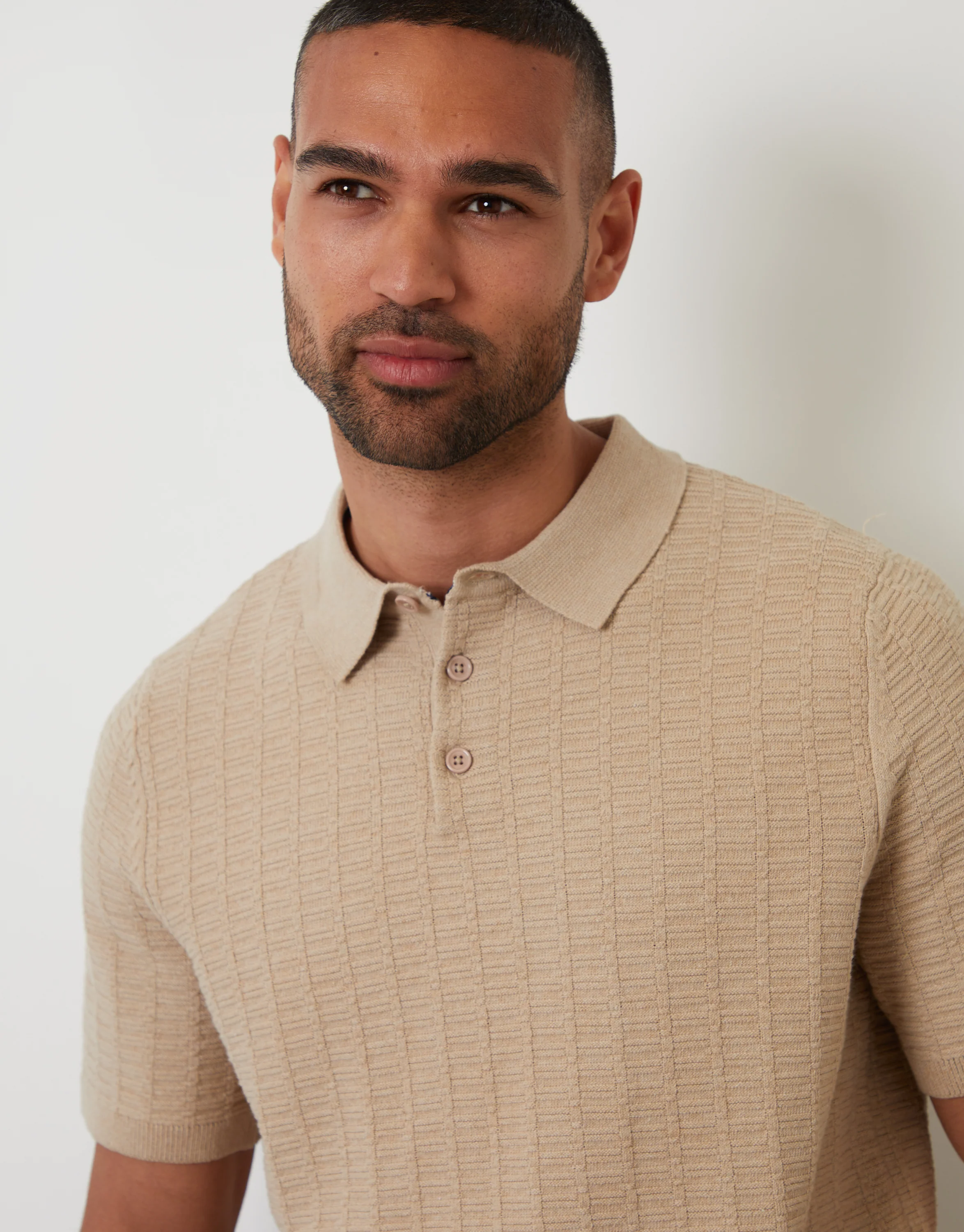 Button Collar Textured Knit Polo in Beige - Image 4