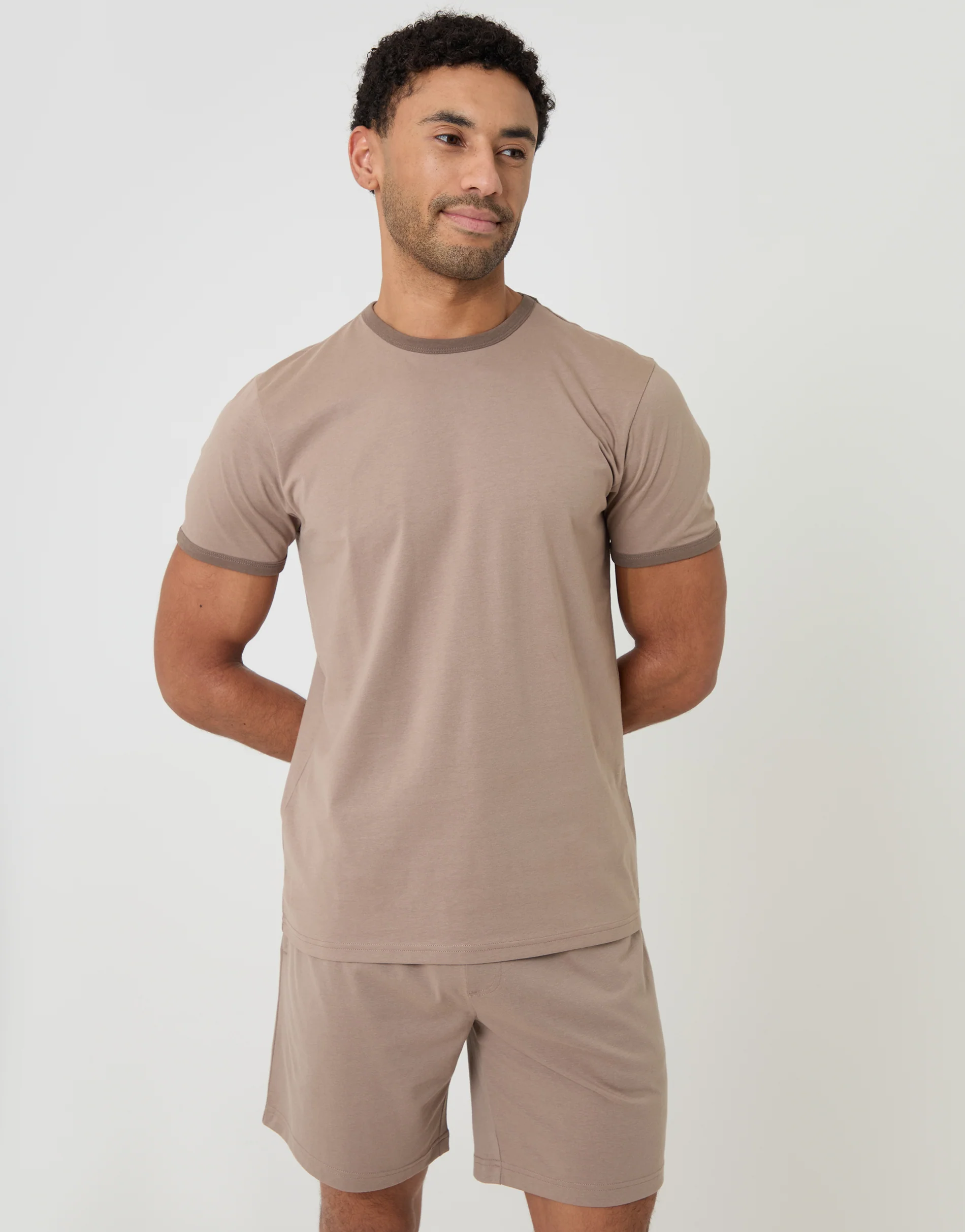 Contrast Binding Short Lounge Set in Beige
