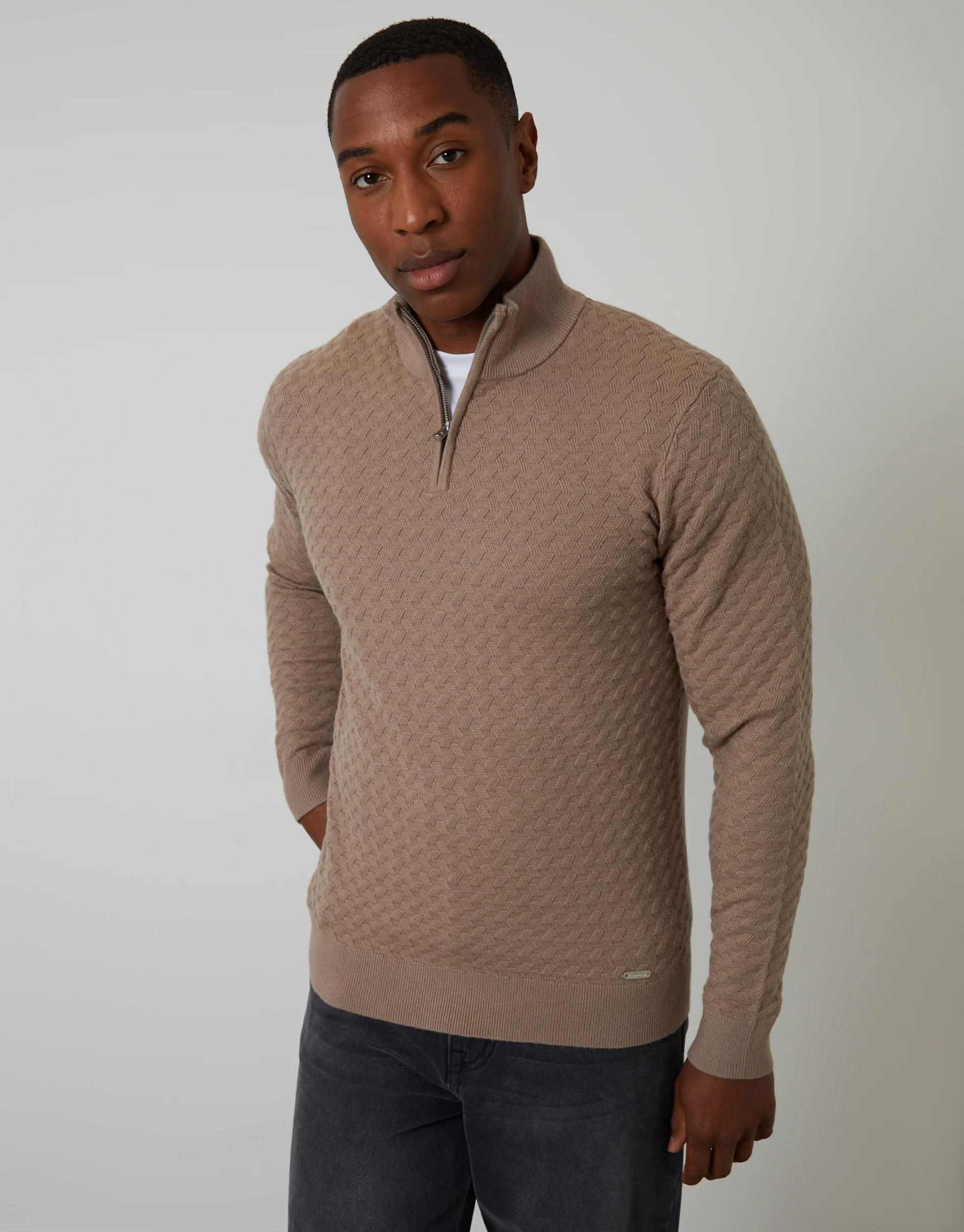 Textured Cable Knit Quarter Zip Jumper in Beige