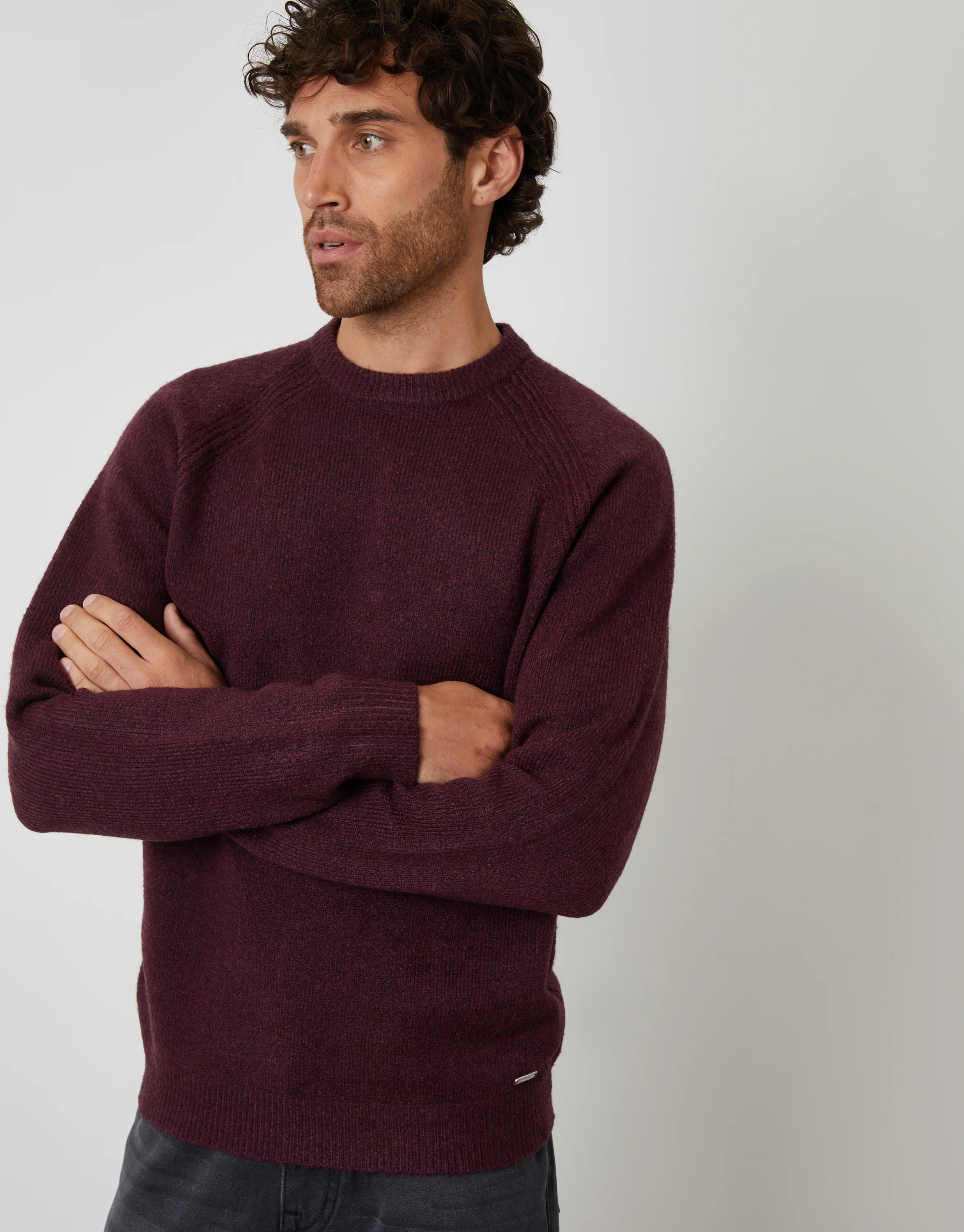 Raglan Rib Knitted Crew Neck Jumper in Berry Red