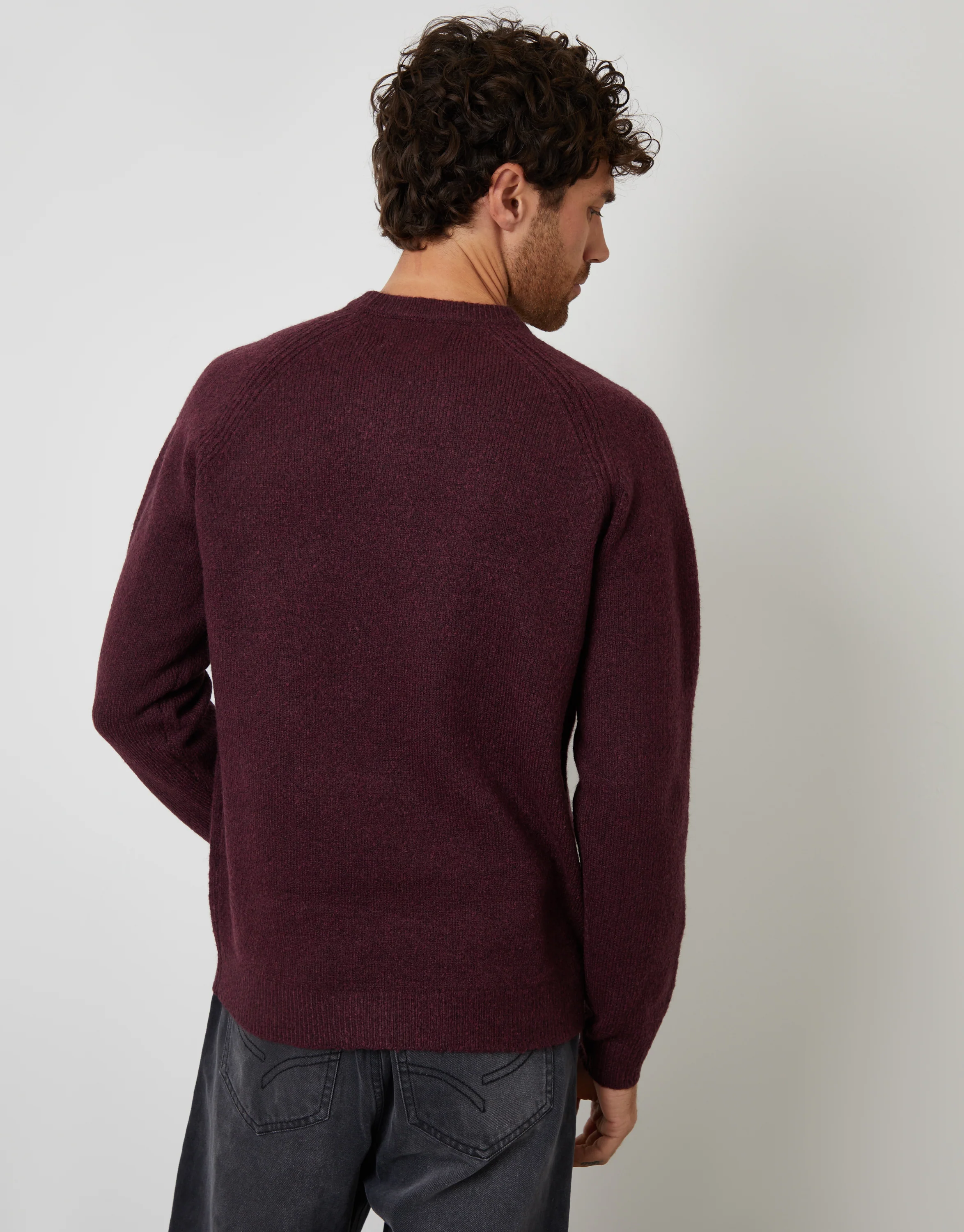 Raglan Rib Knitted Crew Neck Jumper in Berry Red - Image 2
