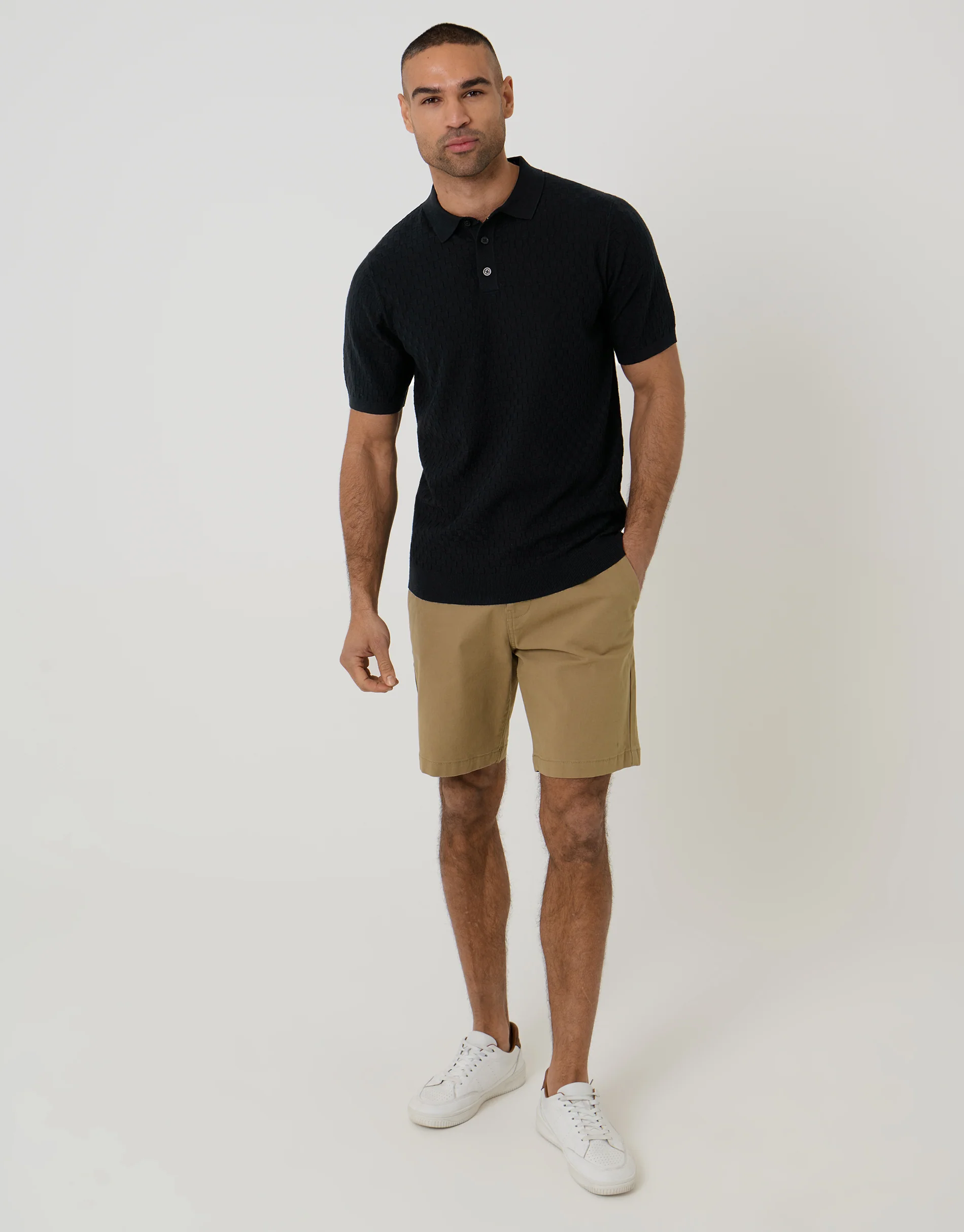 Basket Stitch Knitted Polo in Black