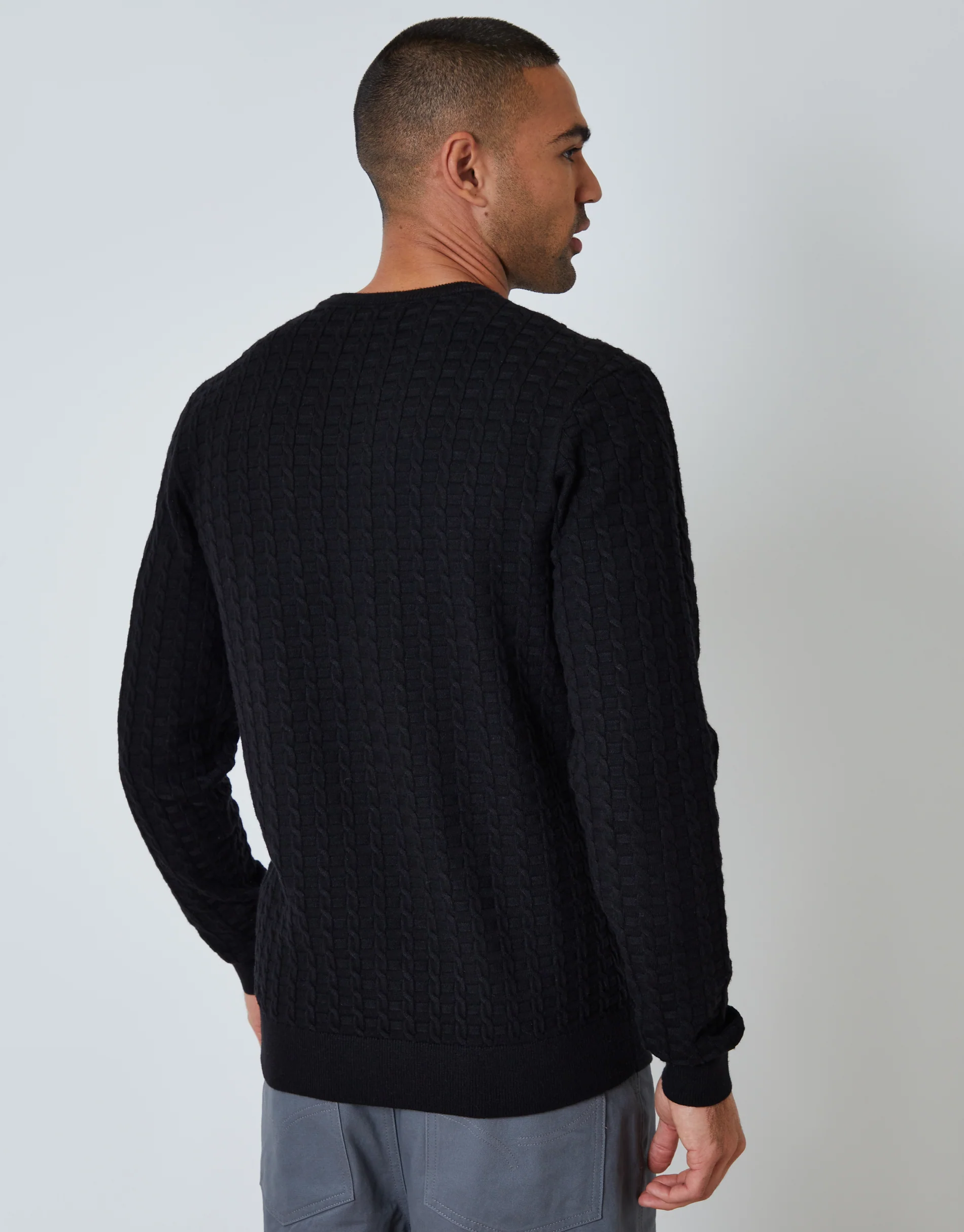 Cable Knit Crew Neck Jumper in Black - Image 2