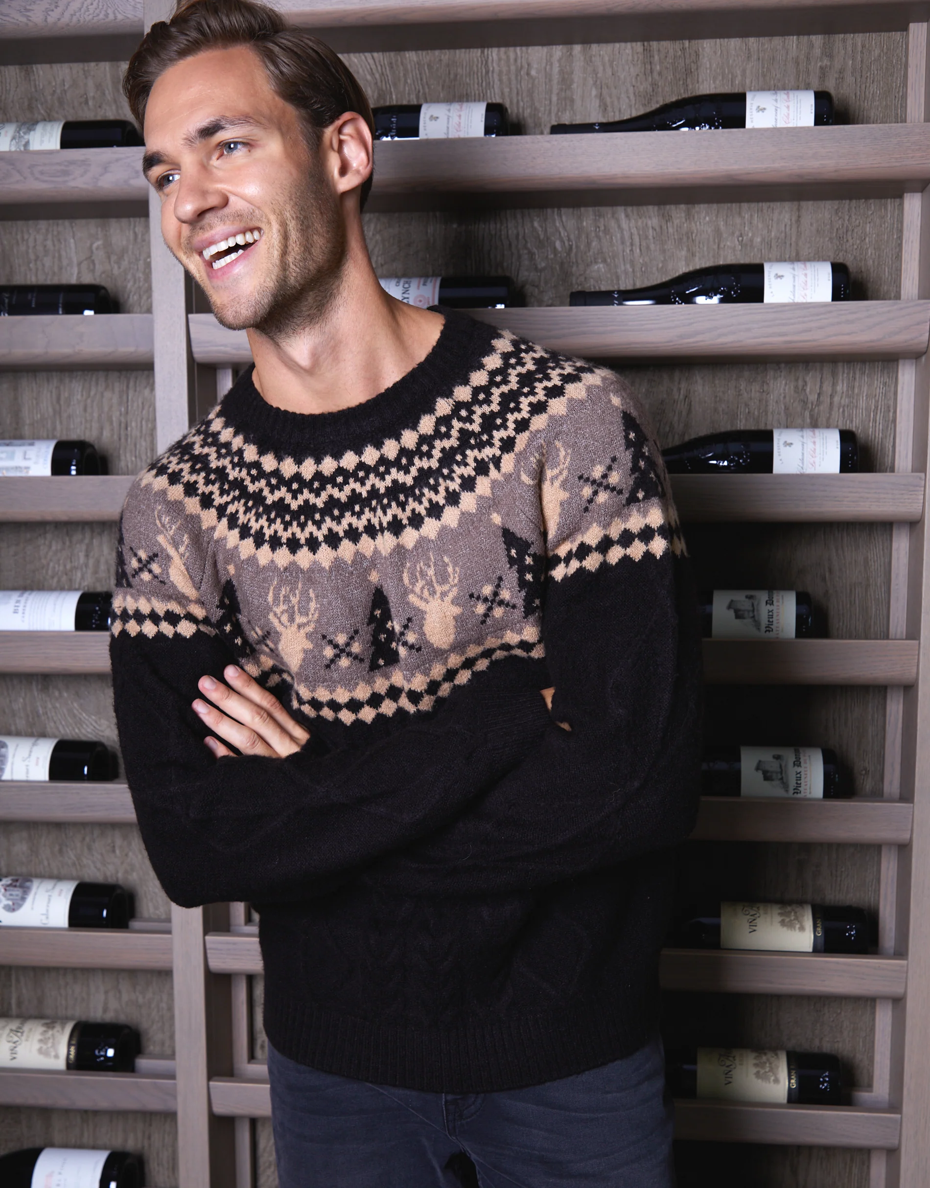 Cable Knit Fairisle Christmas Jumper in Black