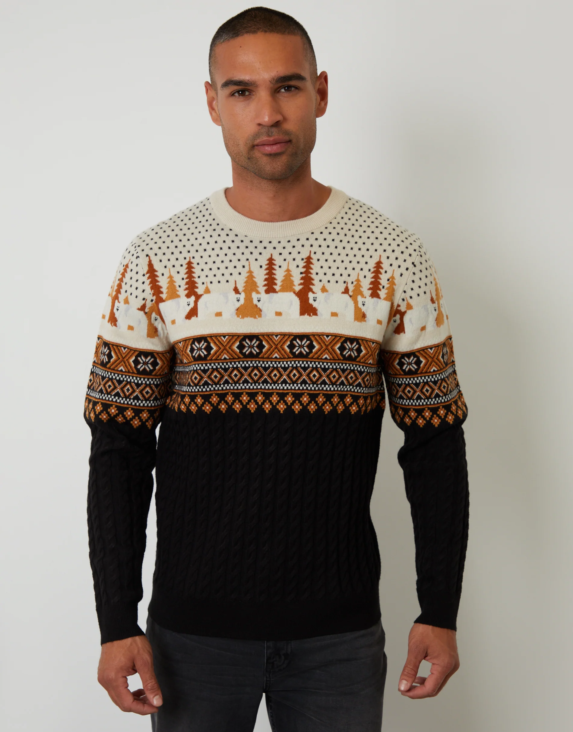 Cable Knit Fairisle Christmas Jumper in Black - Image 2