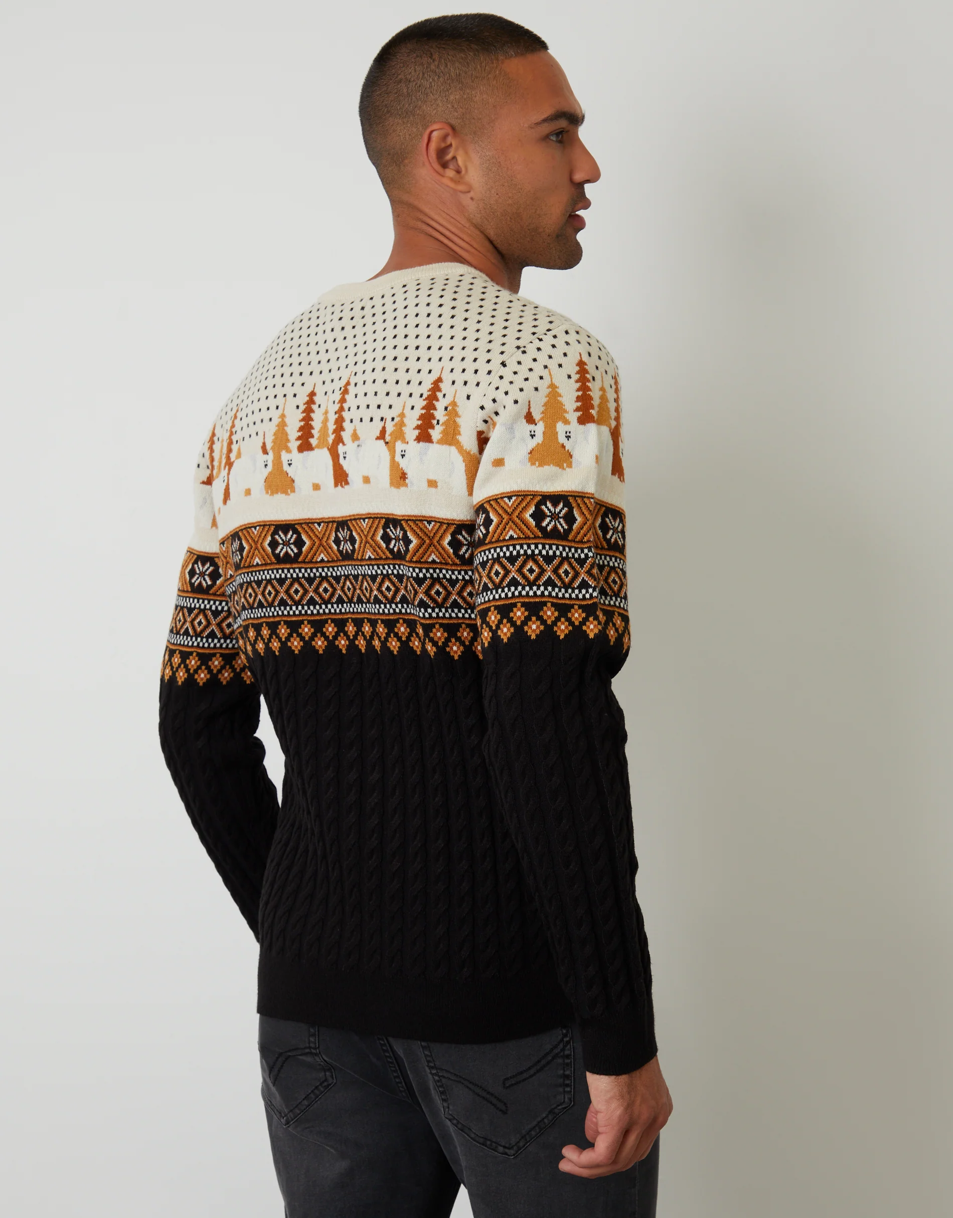 Cable Knit Fairisle Christmas Jumper in Black - Image 3