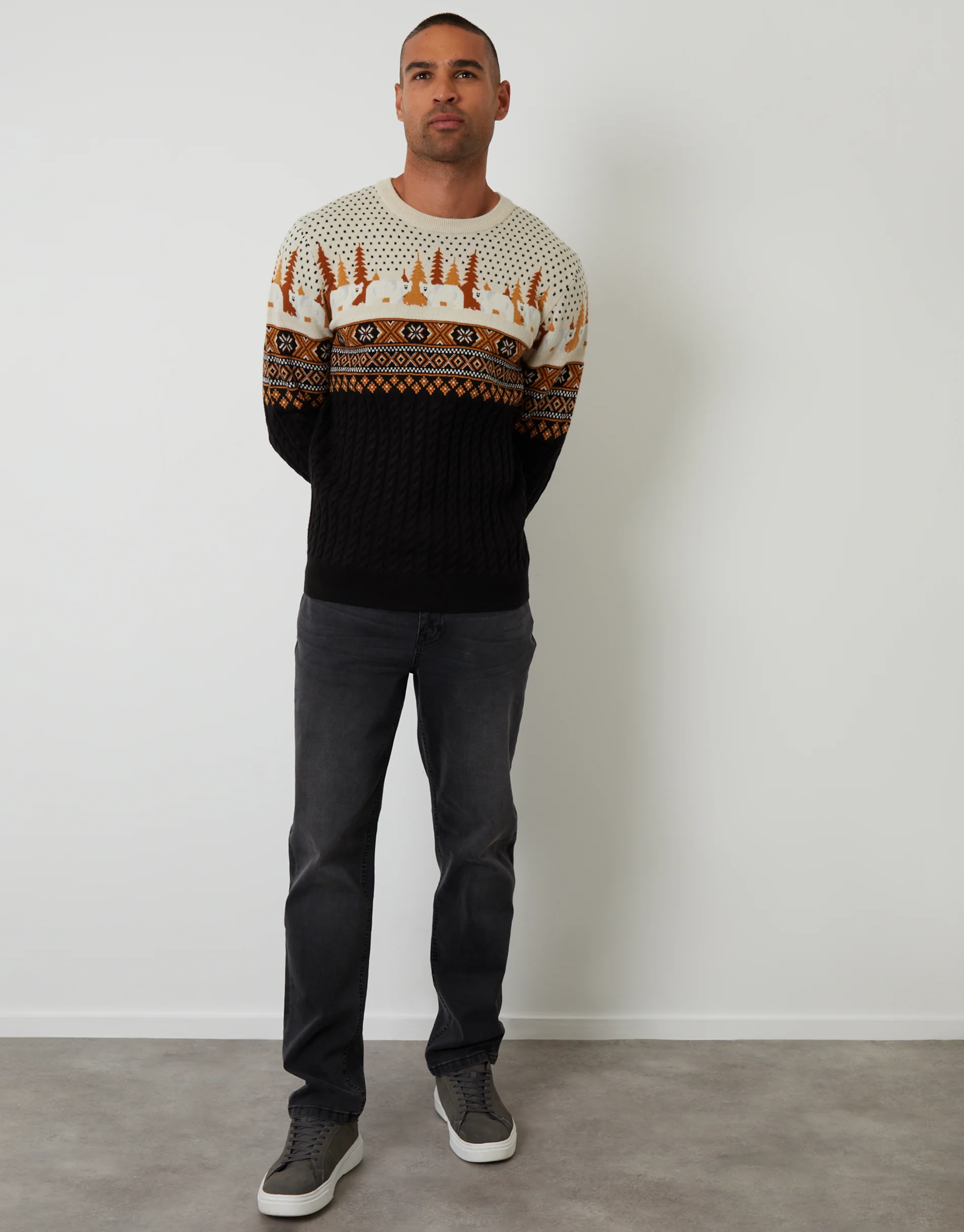 Cable Knit Fairisle Christmas Jumper in Black - Image 4