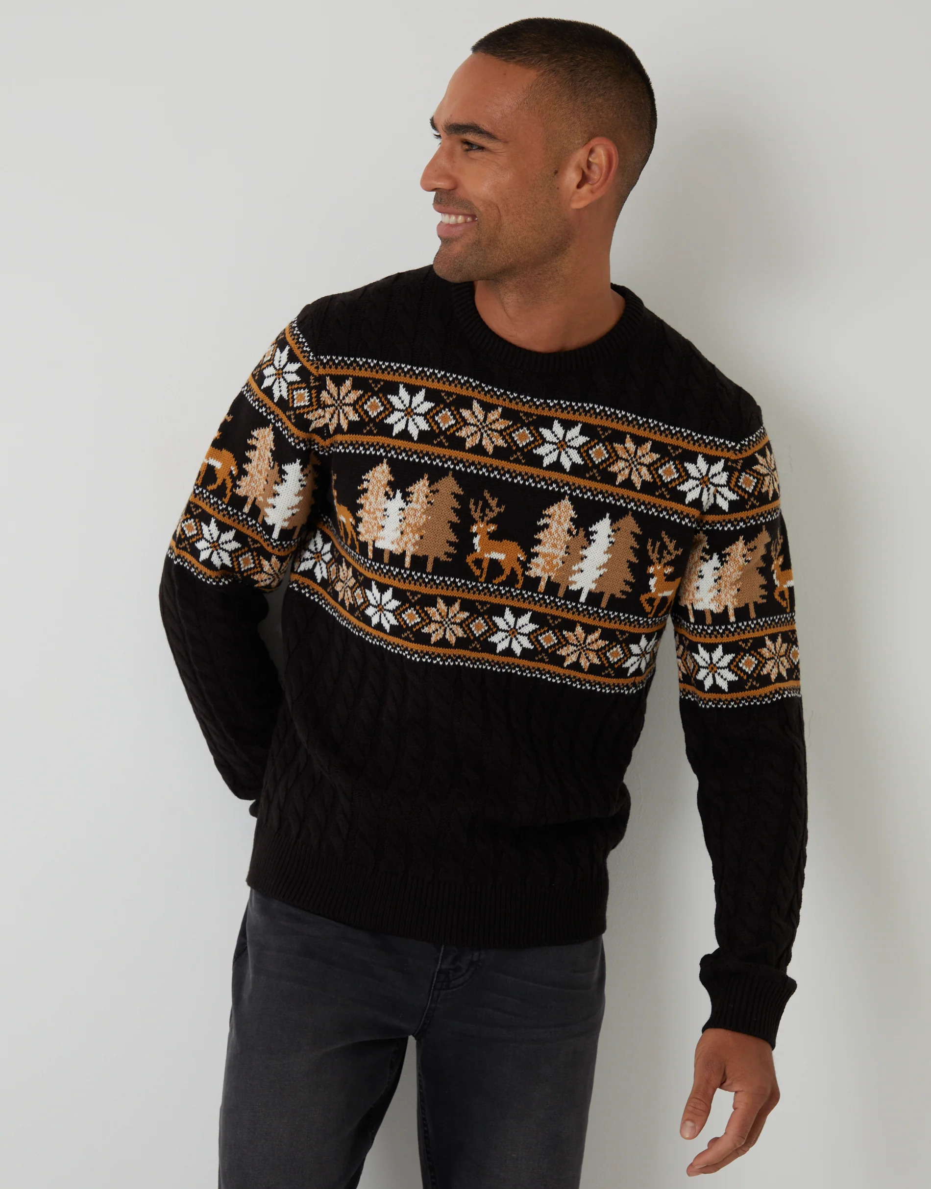 Cable Knit Fairisle Crew Neck Christmas Jumper in Black