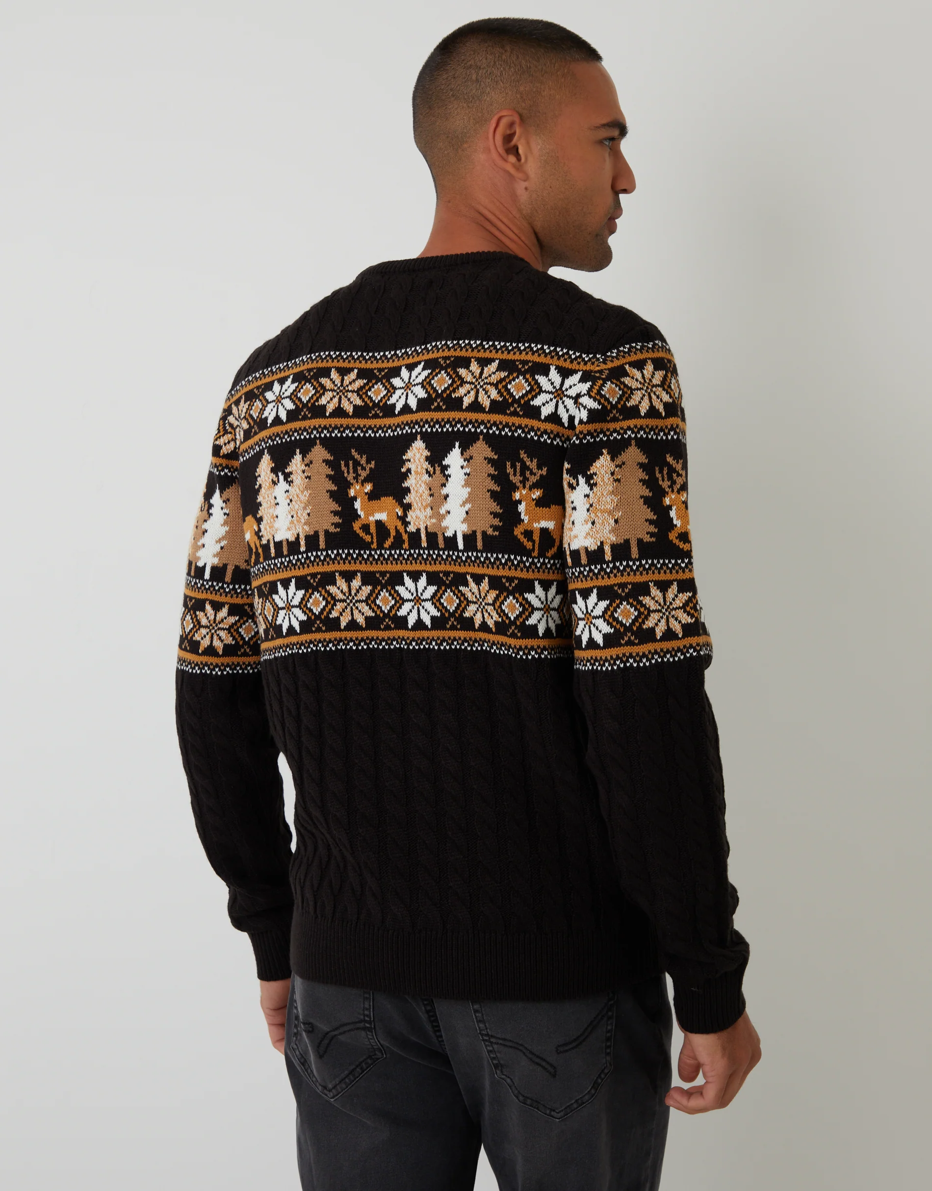 Cable Knit Fairisle Crew Neck Christmas Jumper in Black - Image 2