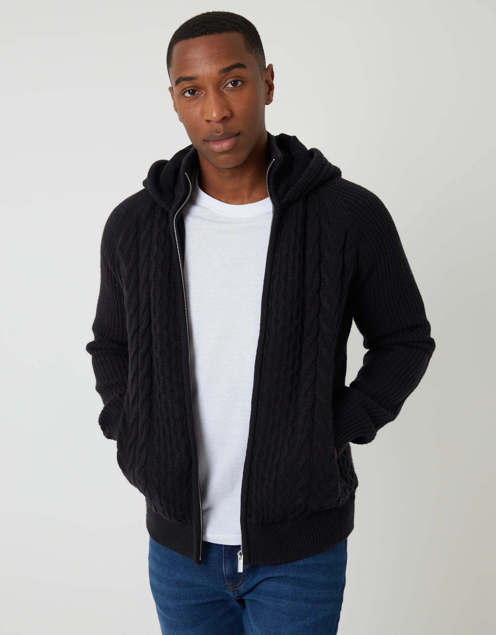 Cable Knit Microfleece Lined Zip Through Hoodie in Black