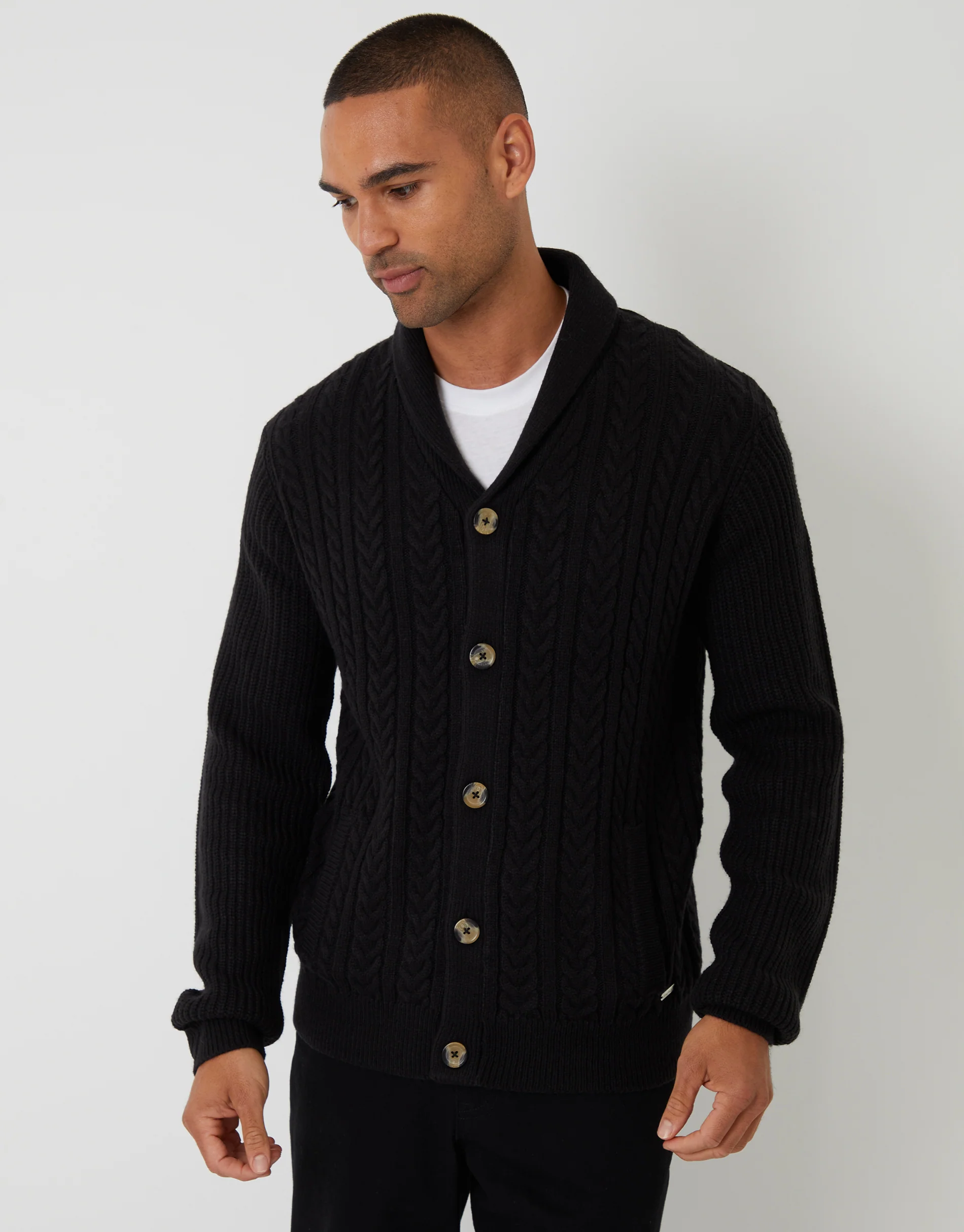 Cable Knit Shawl Cardigan in Black