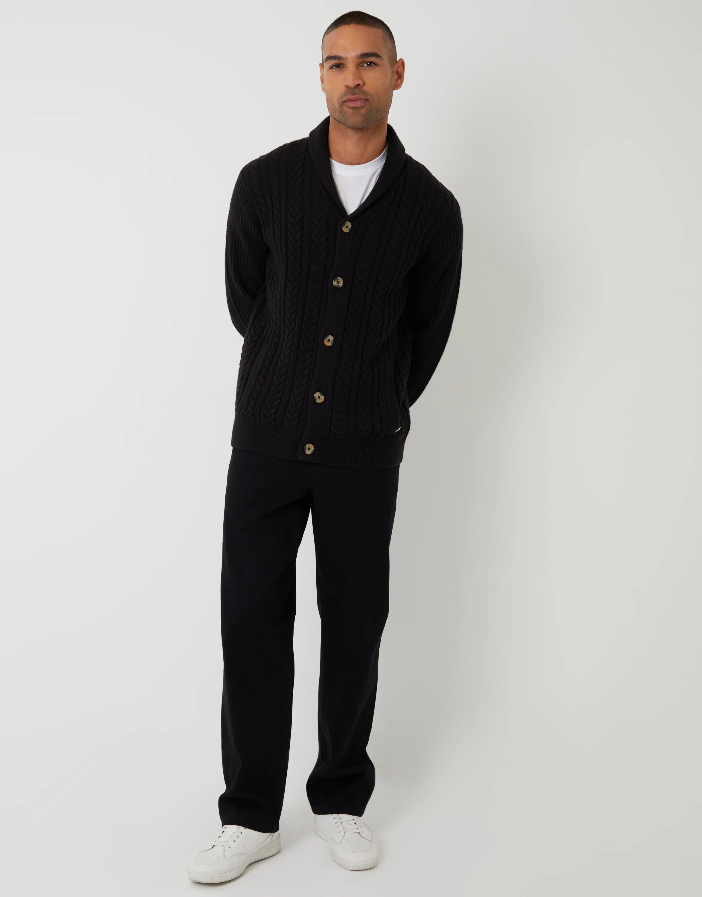 Cable Knit Shawl Cardigan in Black - Image 3