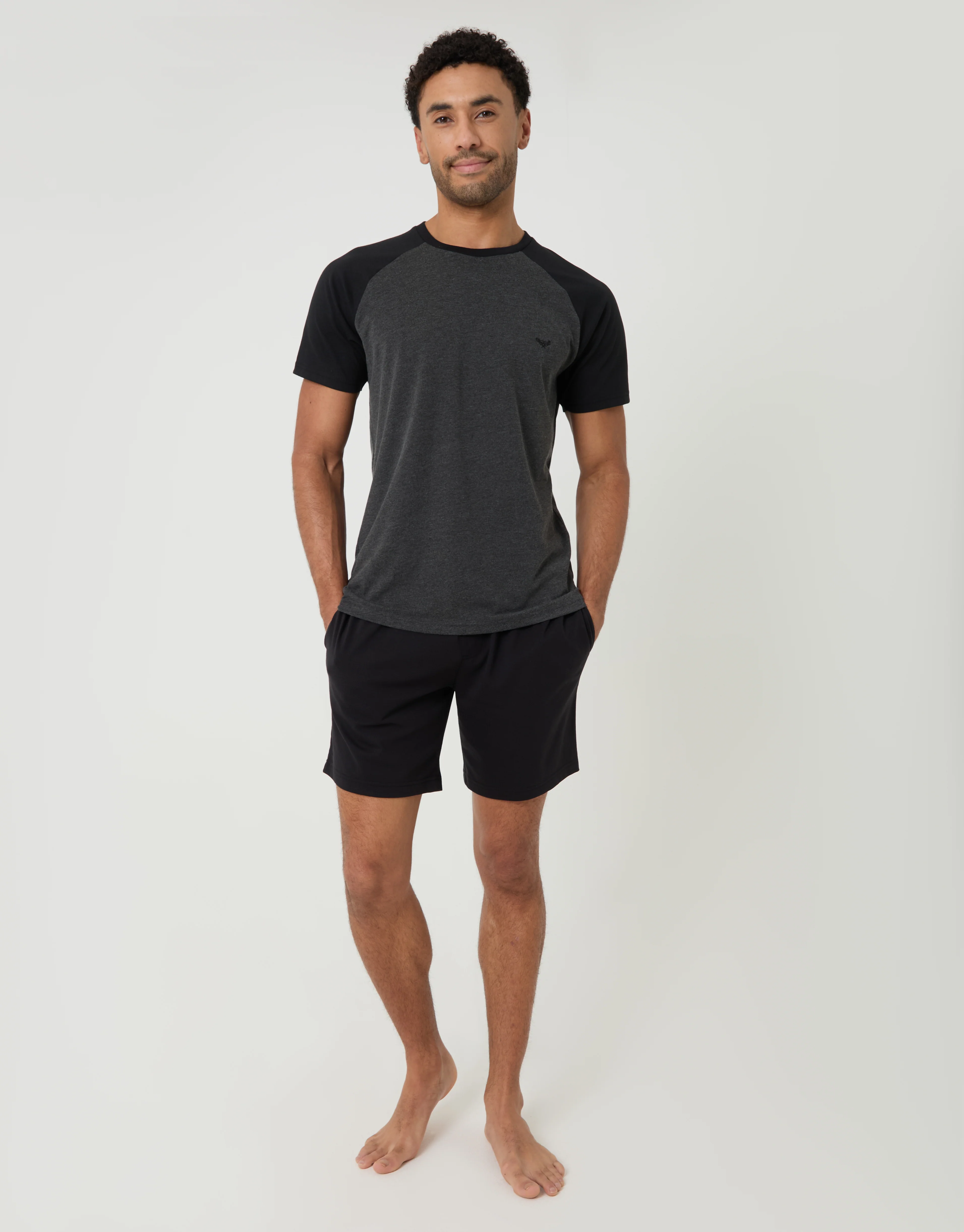 Raglan Short Sleeve Top & Shorts Lounge Set in Black - Image 3