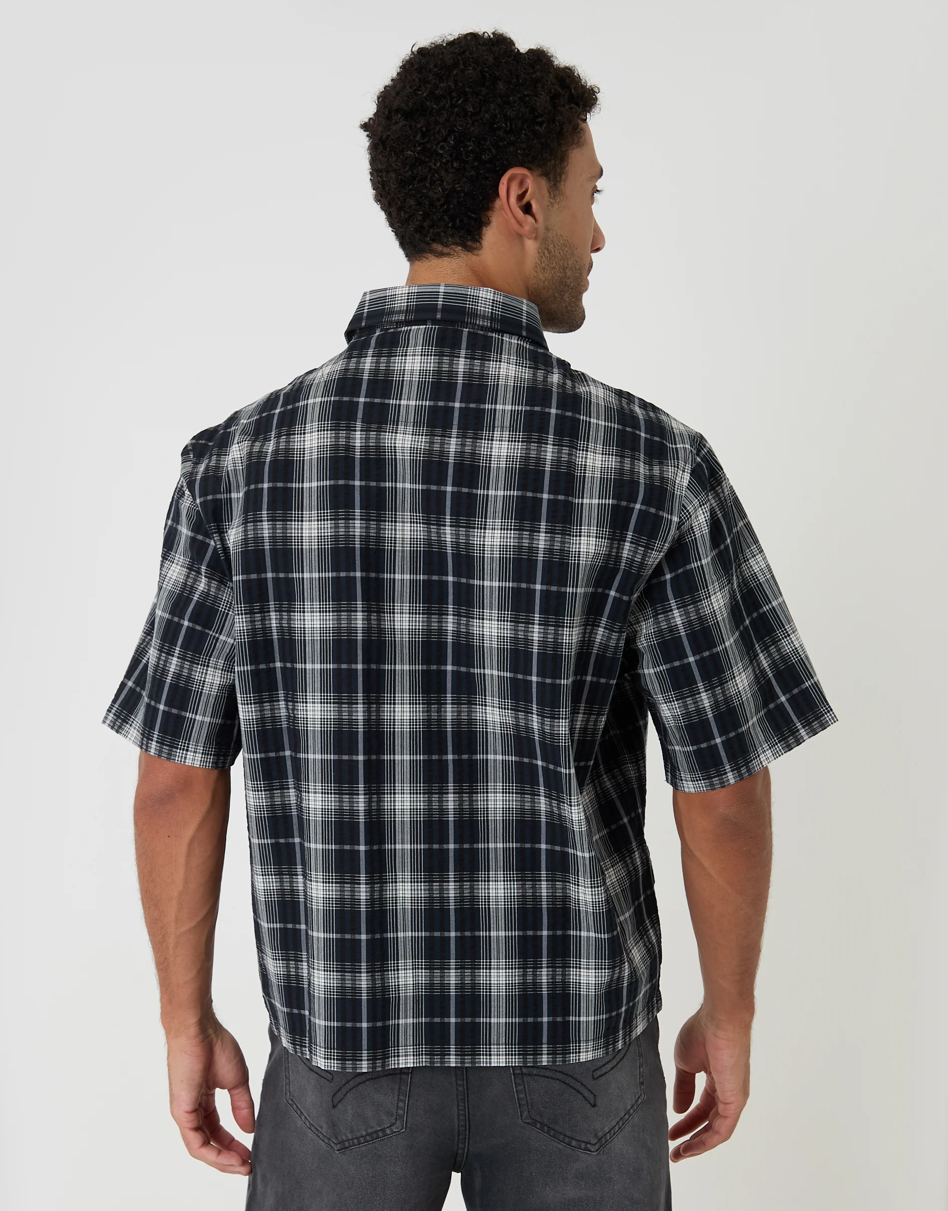 Boxy Fit Short Sleeve Shirt in Black Check - Image 2