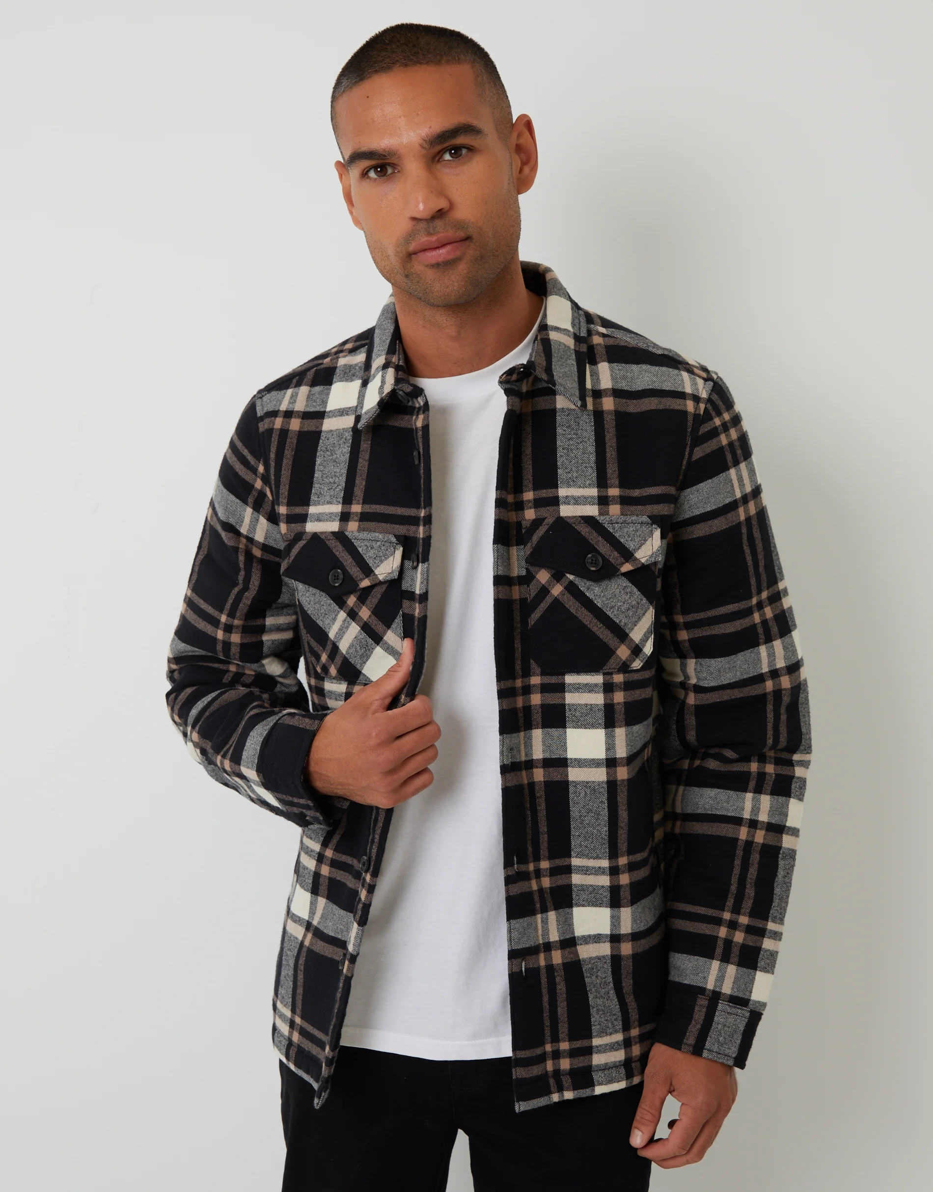 Brushed Borg Lined Shacket in Black Check