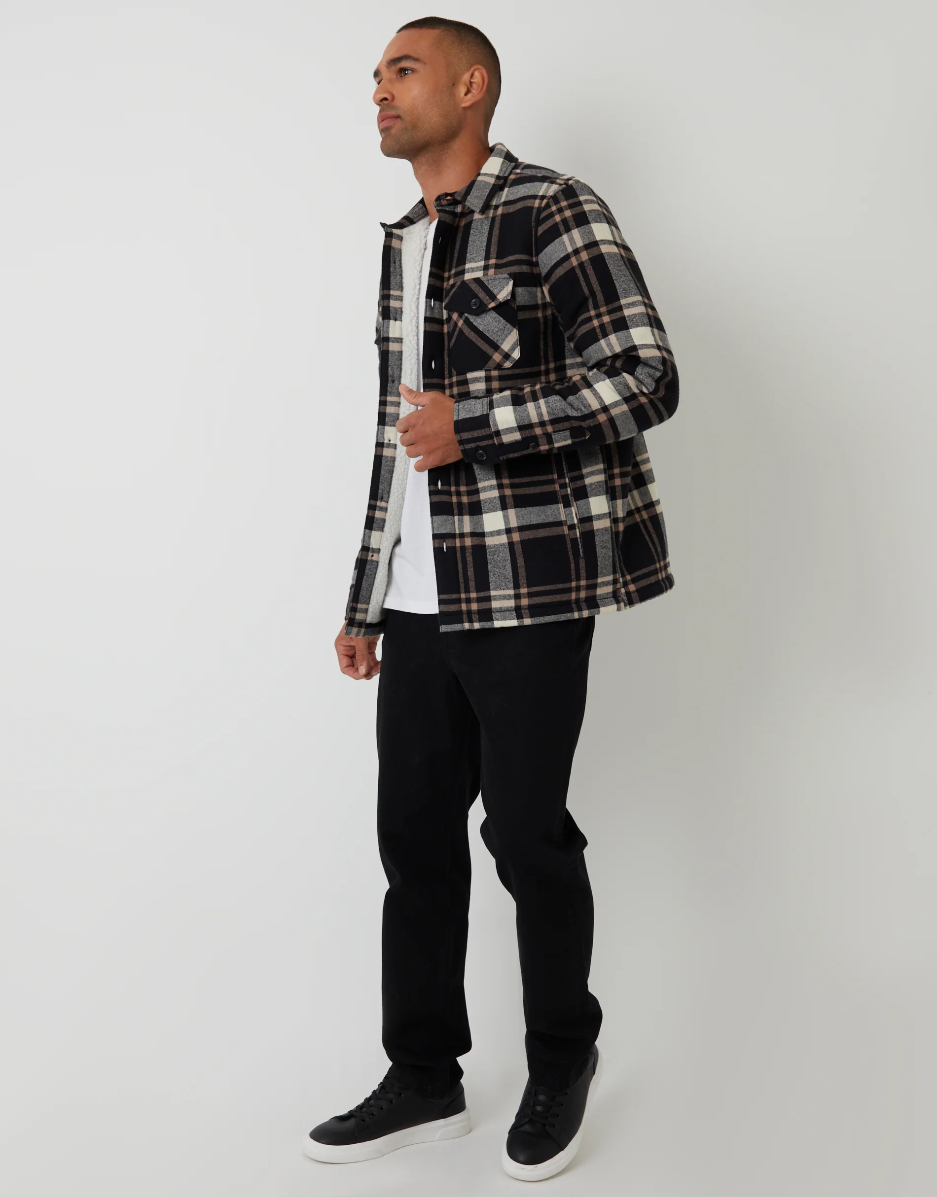 Brushed Borg Lined Shacket in Black Check - Image 3