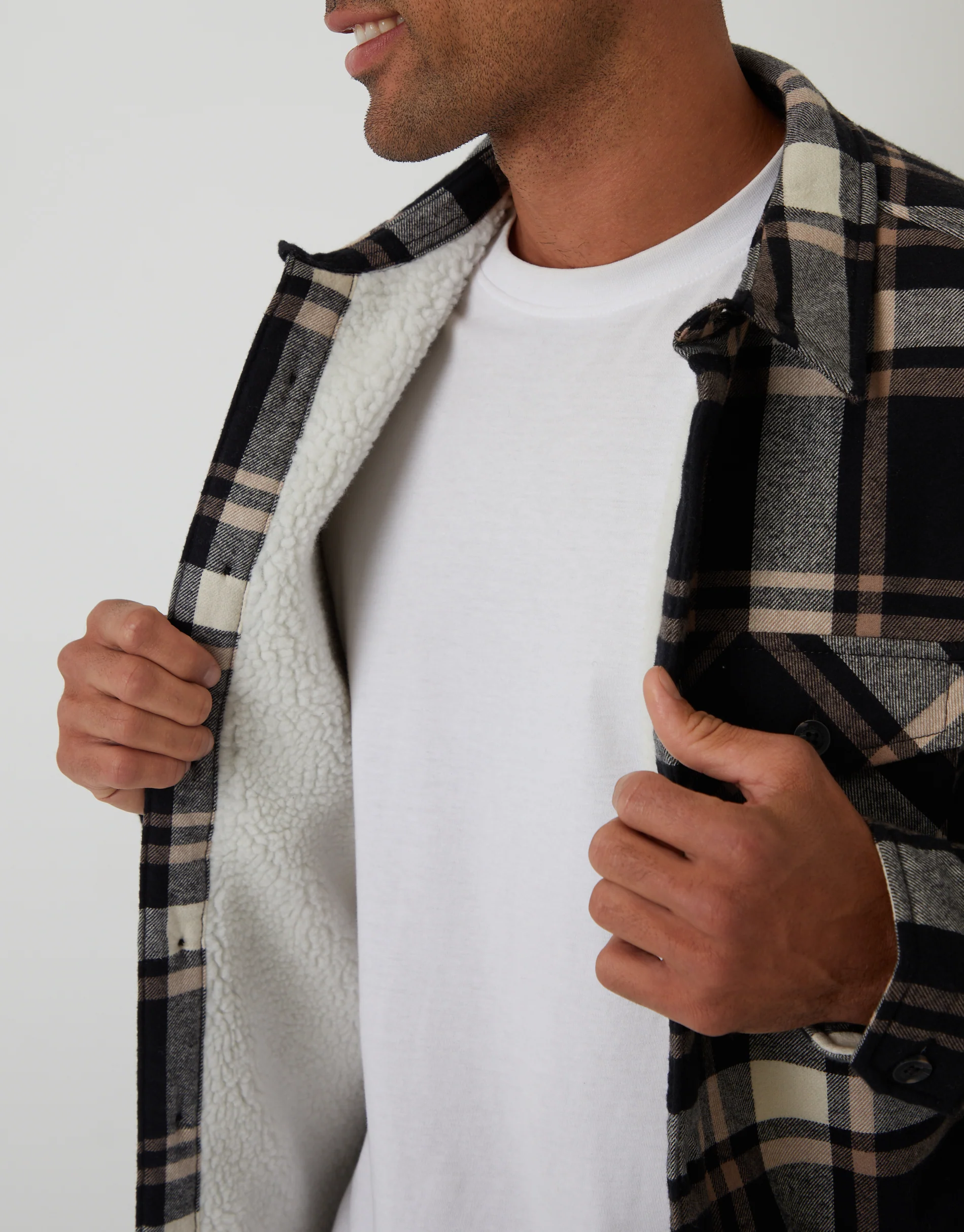 Brushed Borg Lined Shacket in Black Check - Image 5