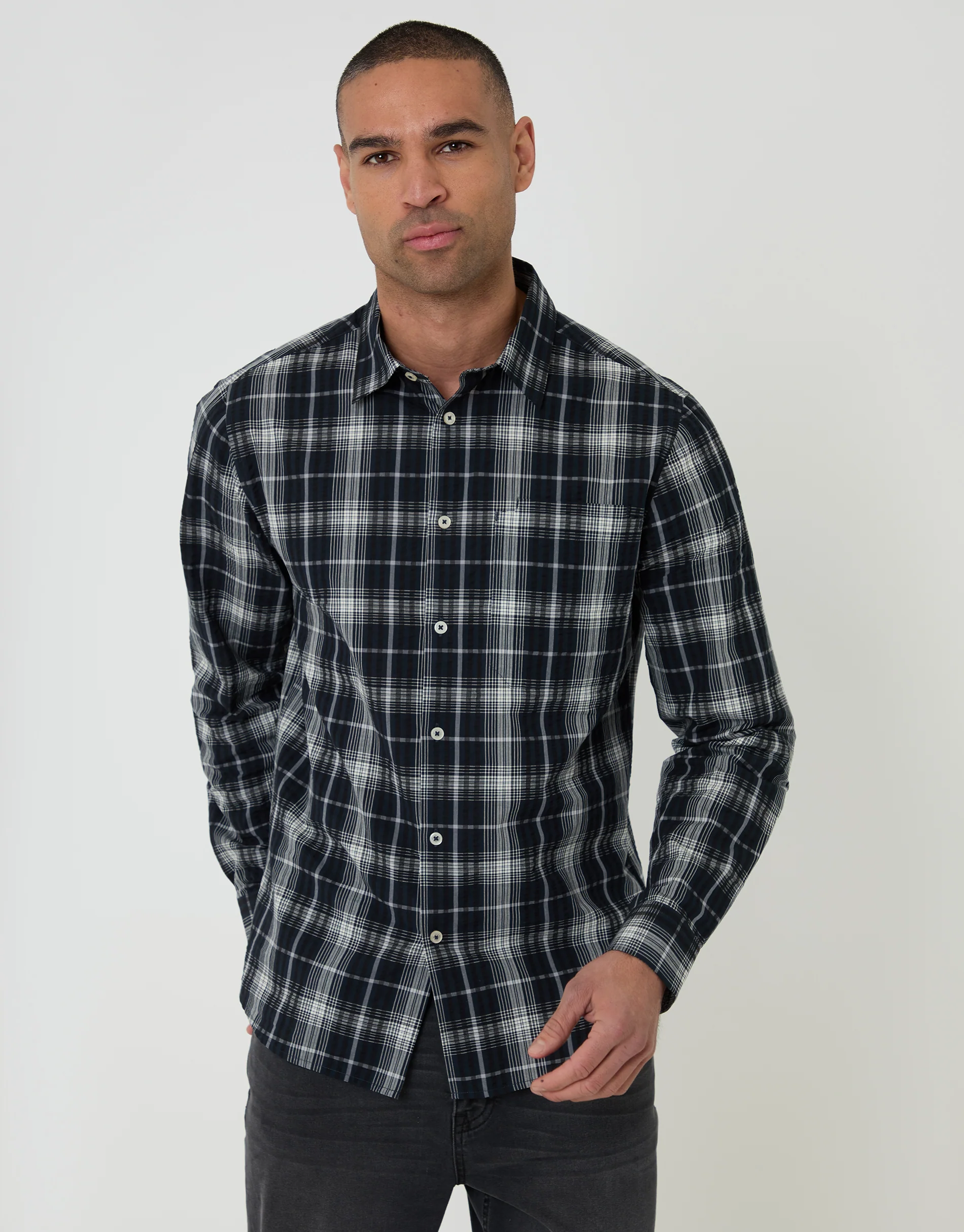 Cotton Long Sleeve Shirt in Black Check