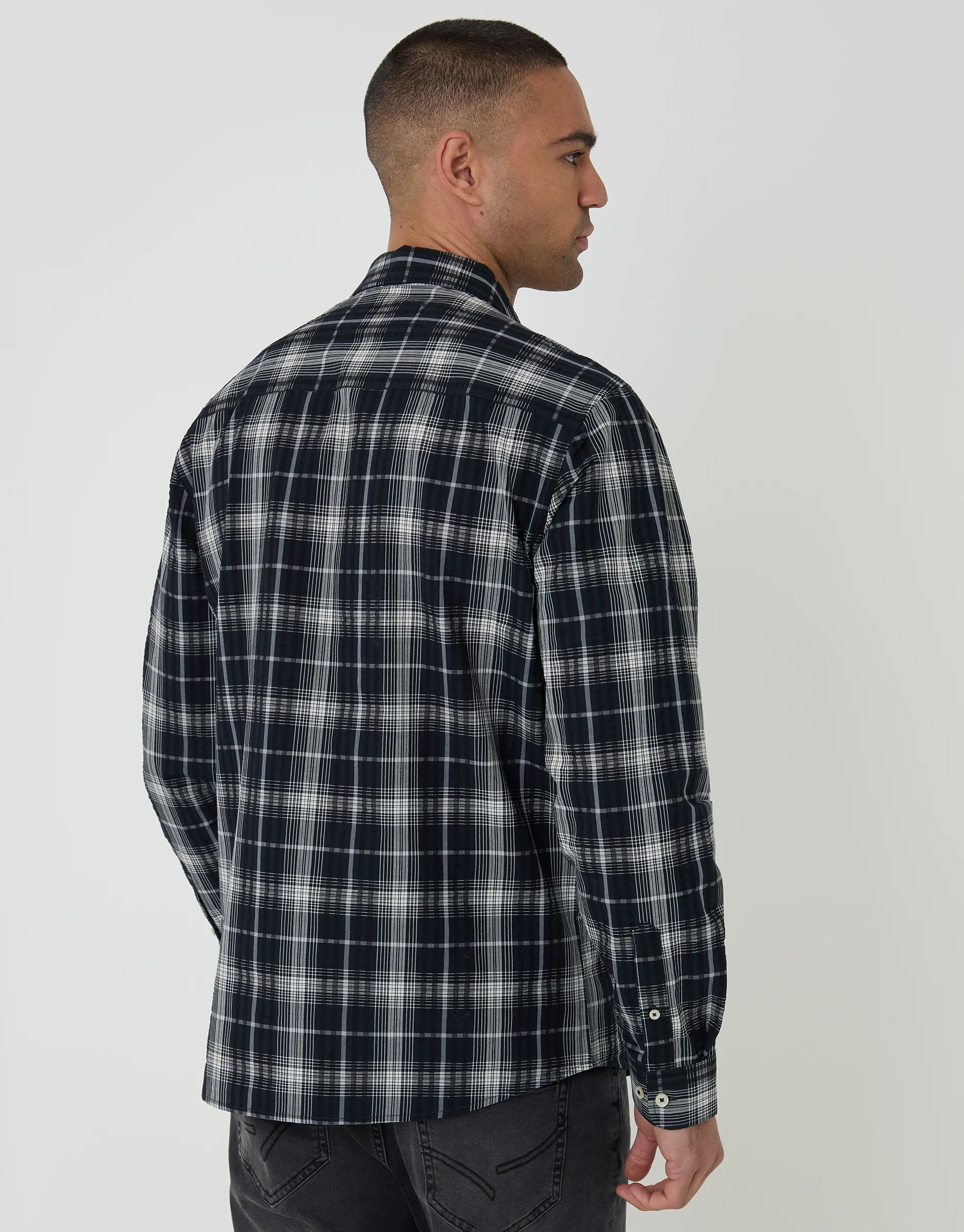 Cotton Long Sleeve Shirt in Black Check - Image 2